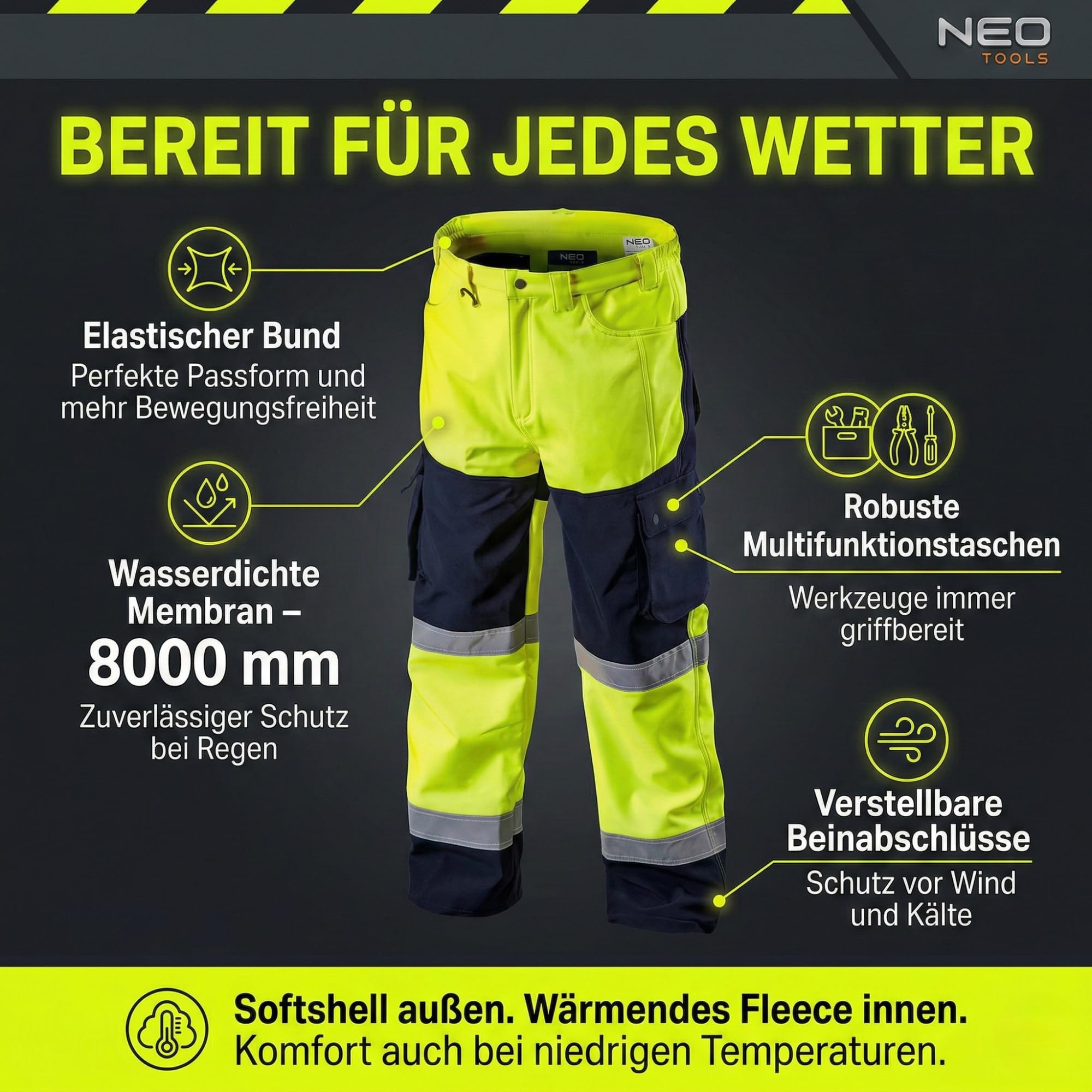 NEO TOOLS Herren Set Warnschutz-Arbeitshose + Arbeits Fleece Jacke | Hose wasserfest (Wassersäule 8000 mm) Hose aus Softshell mit Fleece-Innenfutter, Gelb, S-2XL