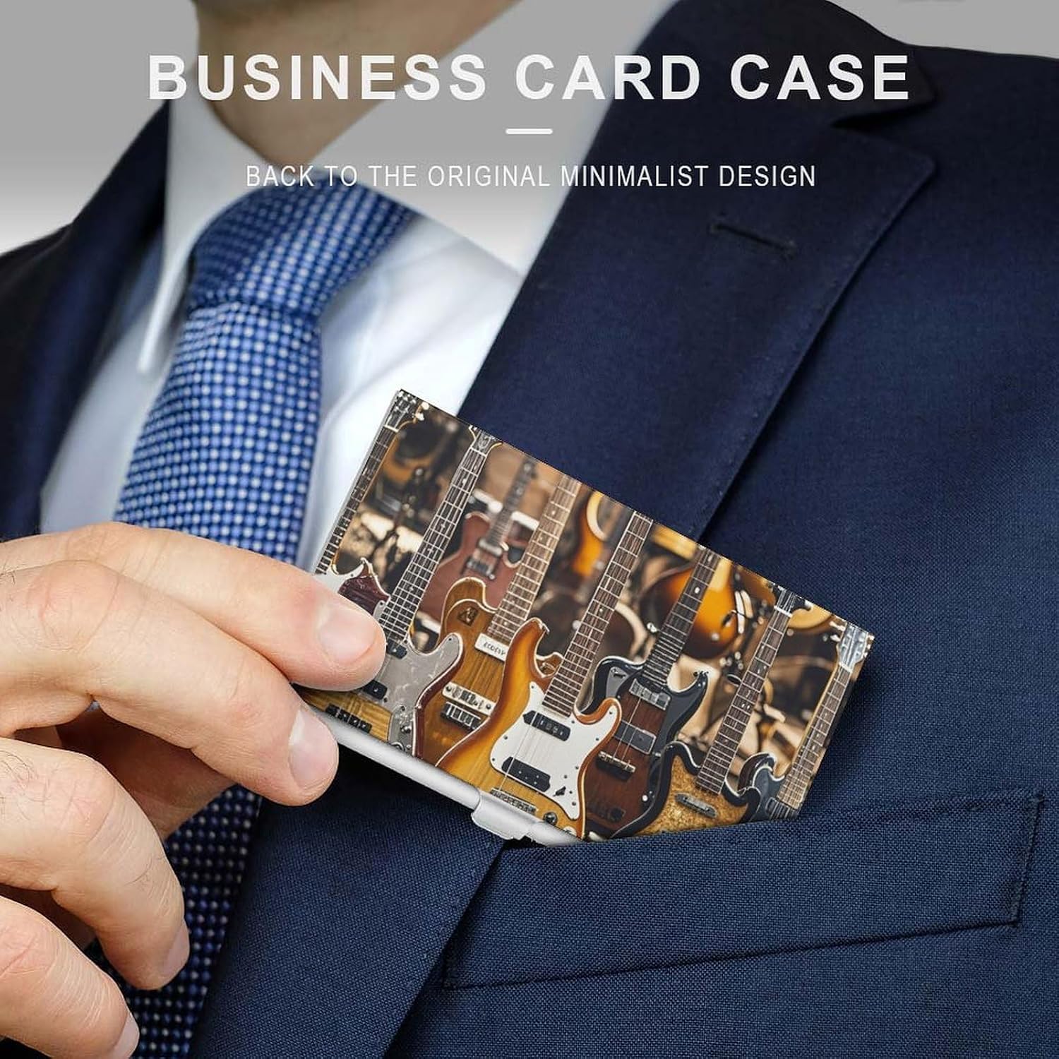 Guitar Bass Music Musical Instruments Business Card Case for Women Or Men Snaps Closed Portable Name Holder Credit Card Holder for Business Meeting Use