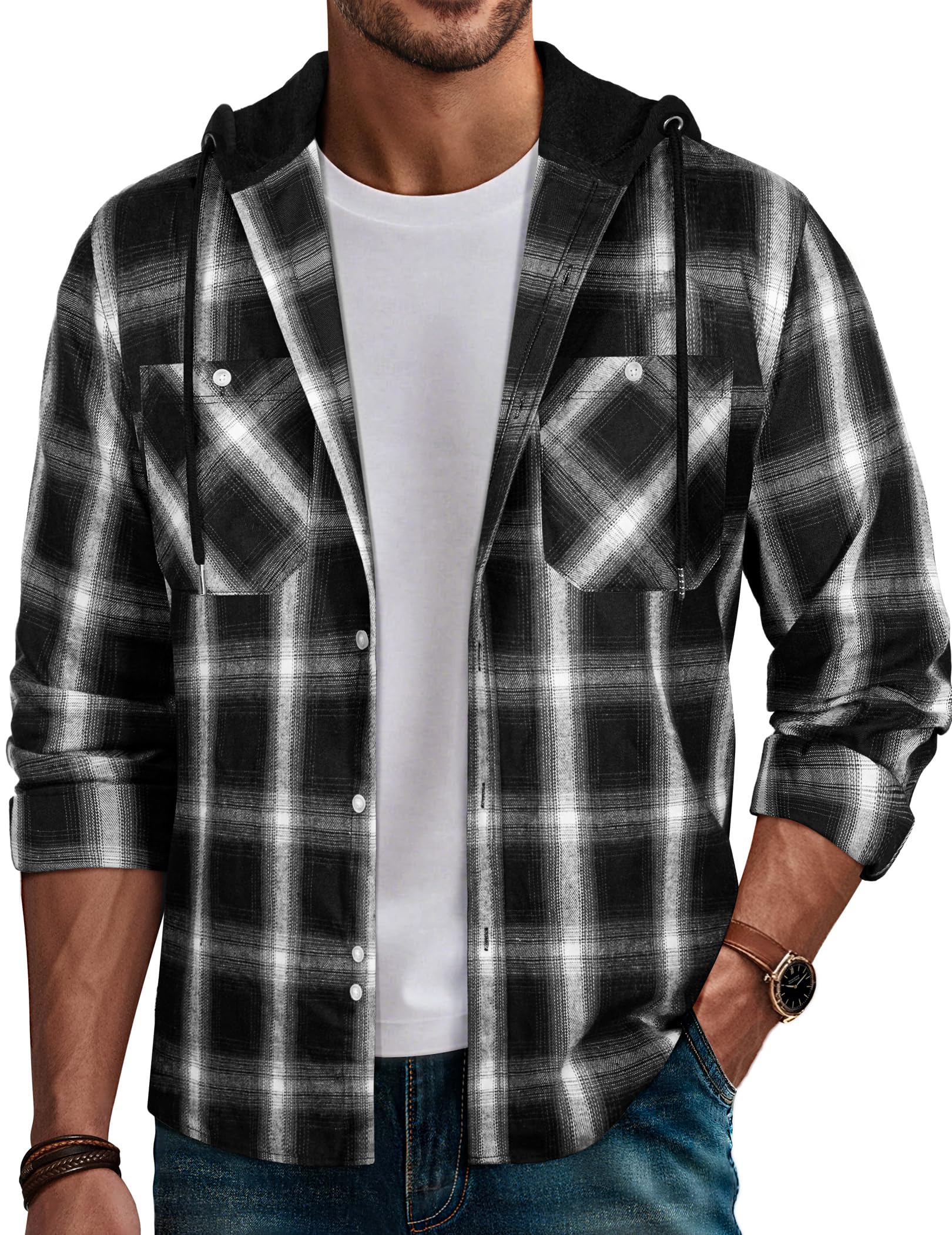 PJ PAUL JONES Men's Flannel Shirt Plaid Hoodie Casual Shirt Long Sleeve Lightweight Shirt Jackets