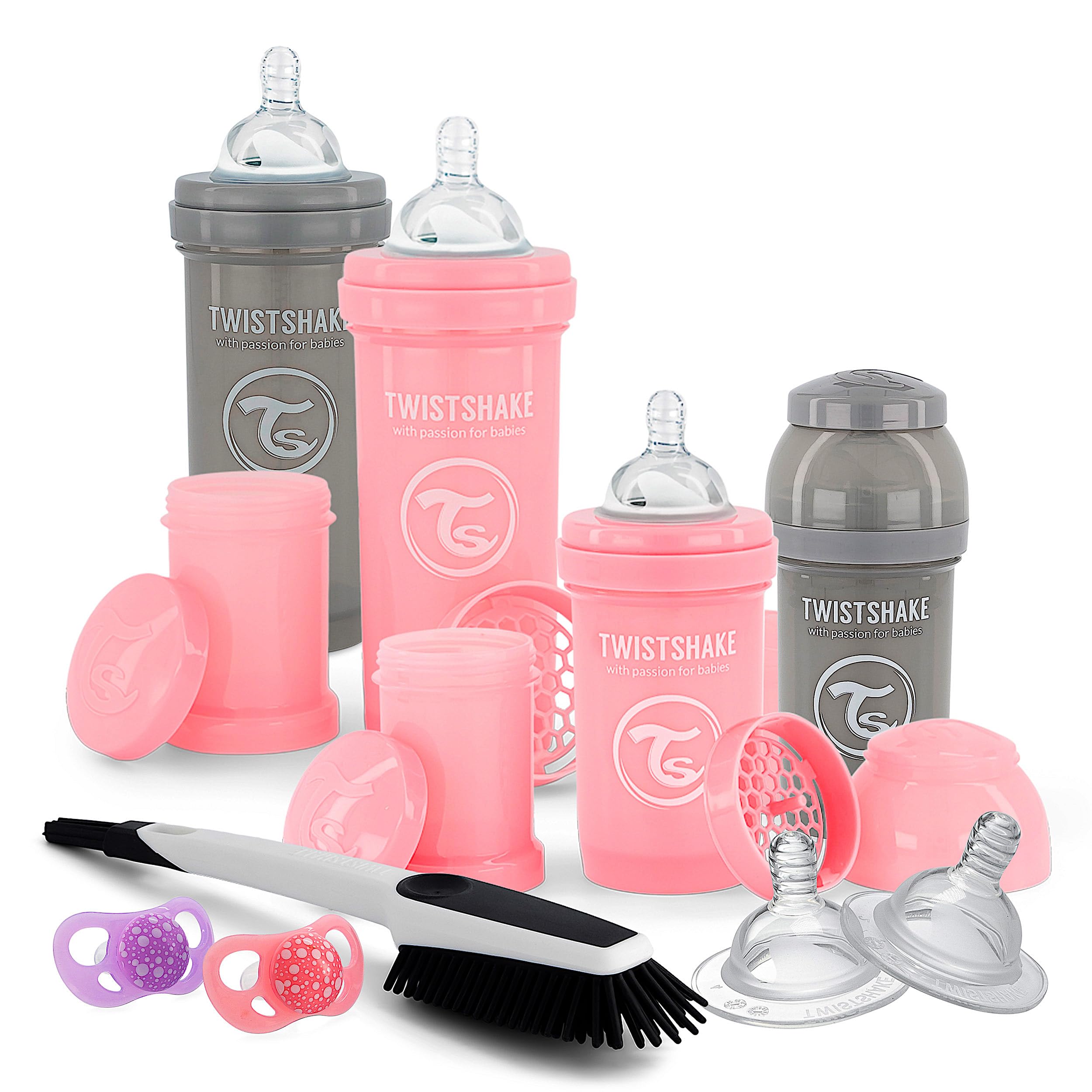 Twistshake Anti-Kolik-Babyflaschenset für Neugeborene mit Milchpulverbehälter und Mixer – 9-teilig | 4 x Milchflaschen – 2 x Schnuller – 2 x Sauger – 1 x Flaschenbürste | BPA-frei | 0m+ | Rosa Grau
