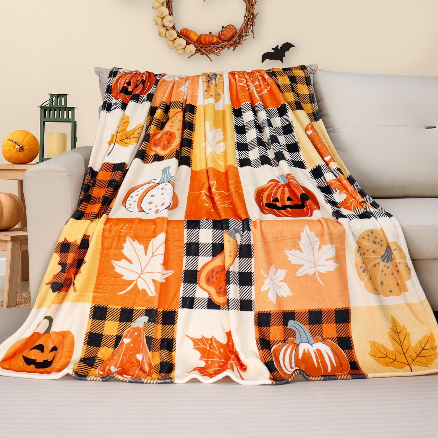 Fall Throw Blanket Autumn Pumpkin Maple Leaves Blanket Halloween Fleece Throw Blankets Super Soft Warm Cozy Flannel Throws Blanket Fall Decorative Blankets for Couch Sofa Bed 50X60
