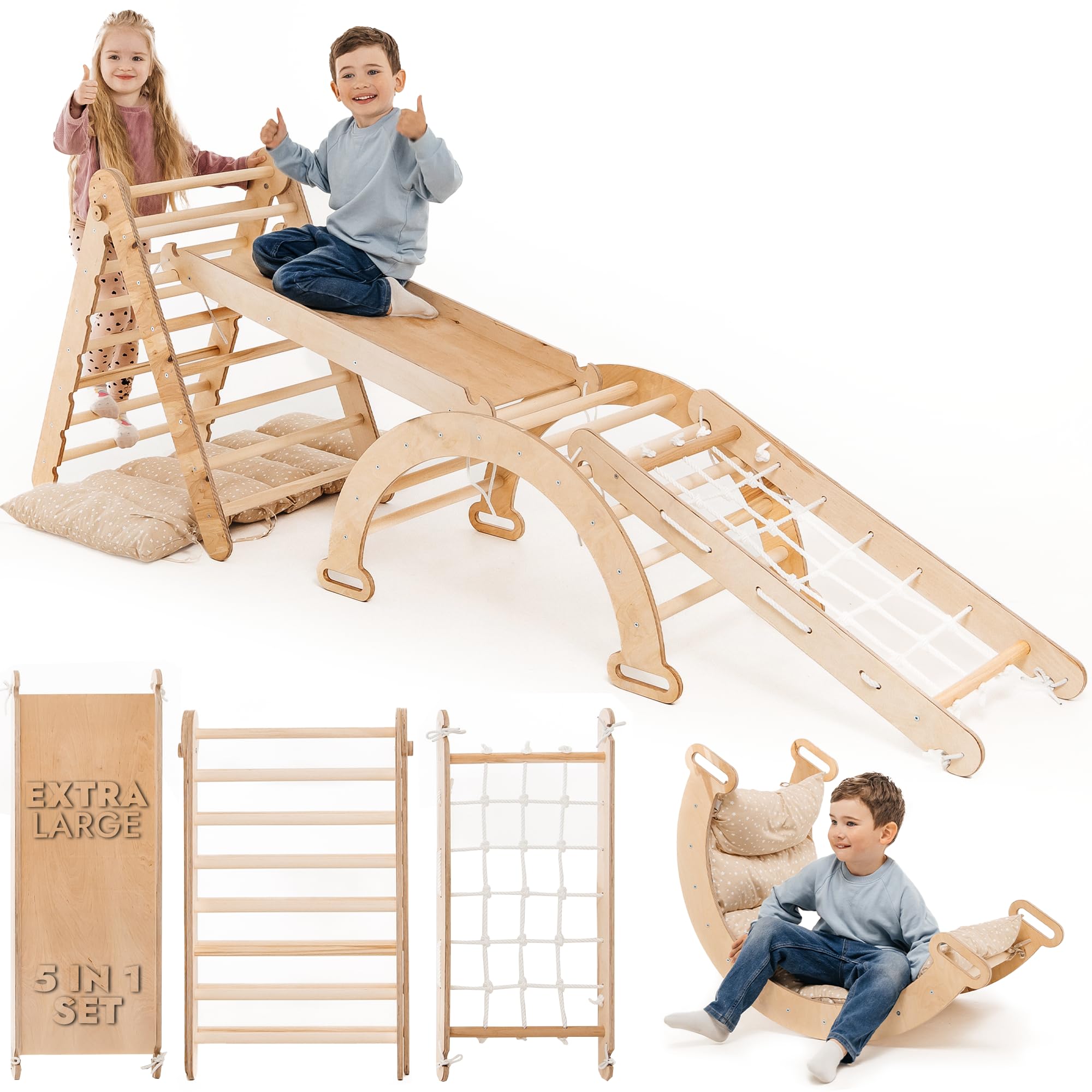 5-in-1 Indoor Climbing Frame for Toddlers - Wooden Triangle, Arch & Climbing Ramp & Net & Cushion, Montessori Climbing Frame, Kids Wooden Gym, Foldable Climbing Toys for Kids 1-5 Age — image 1