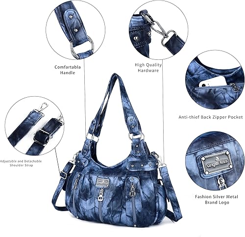 Miniatura 5 de Angelkiss Bolsos grandes y carteras para mujer de cuero sintético lavado tipo hobo, bandolera, bolso cruzado, bolso de hombro, bolso de mano