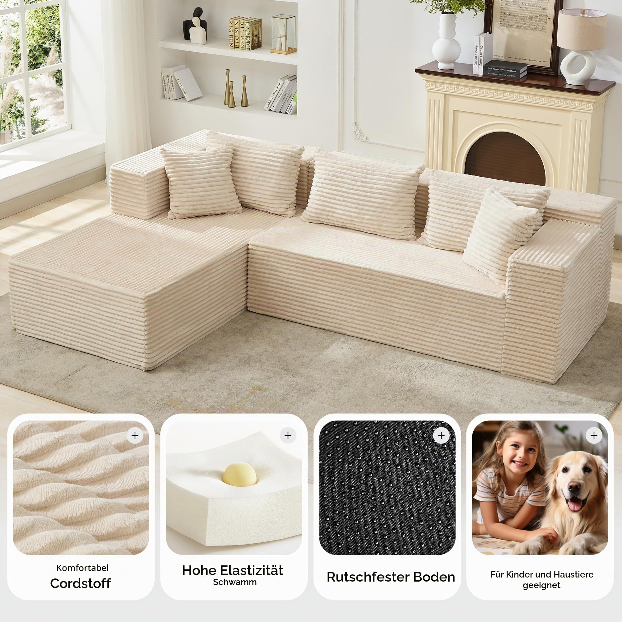 GarveeHome Gemütliches Cloud Ecksofa – 106" Modulares L-förmiges Sofa für Wohnzimmer – Tiefe Sitzfläche, Boneless Design, linksseitige Chaise, Cord-Stoff, 5 Kissen, kein Aufbau nötig – Beige