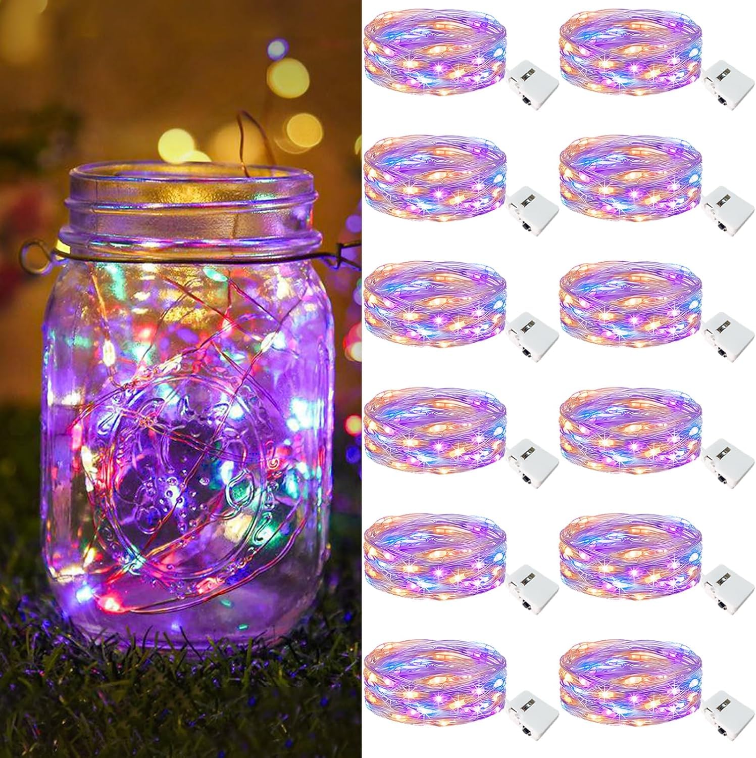 Muiltvoe Coloured 12 Pack Led Fairy Lights Battery Operated, 2M 3Modes 20Led Mini String Lights, Waterproof Silver Wire Small Fairy Lights Indoor Outdoor For Jars, Christmas, Party, Bedroom - Colored