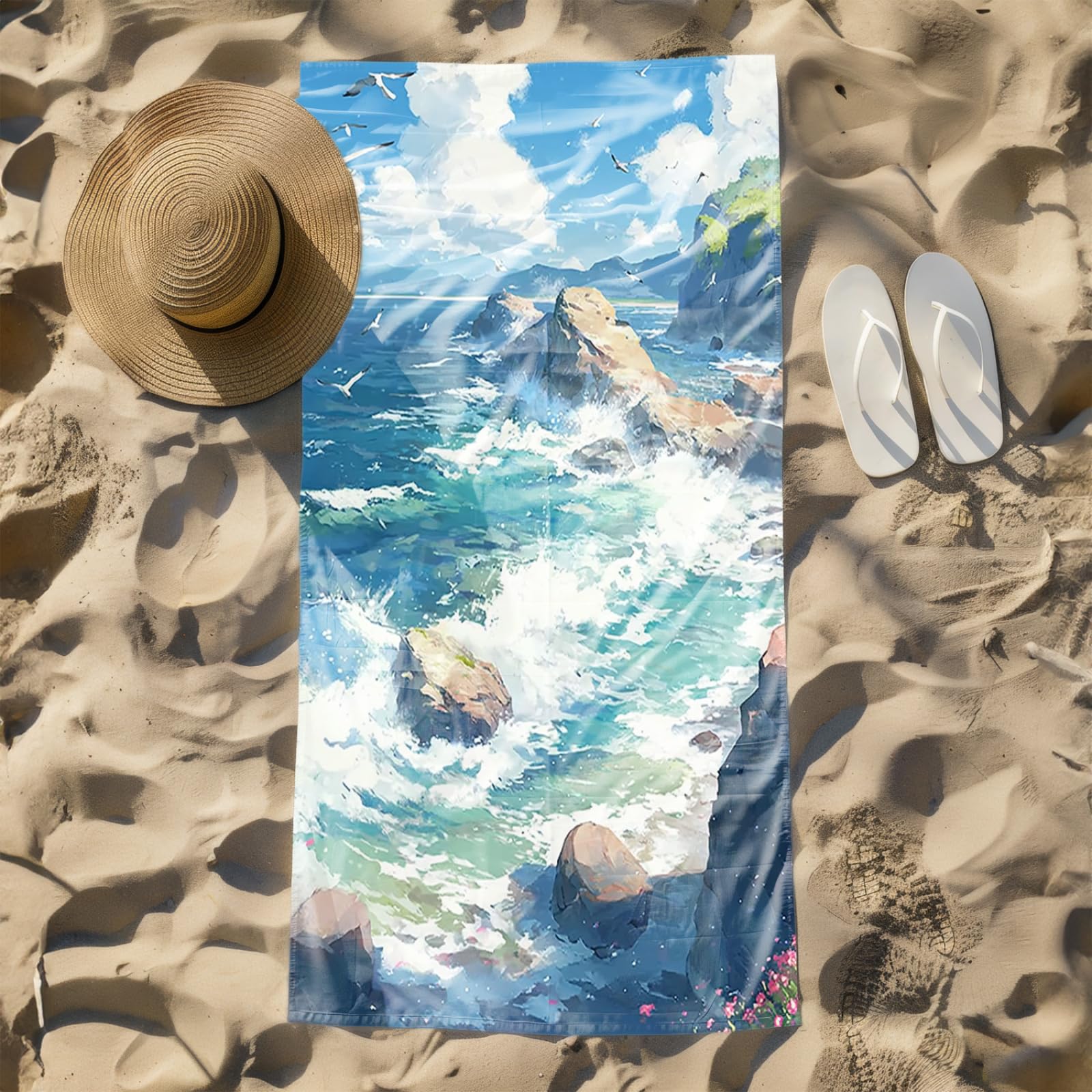 Tapis de Plage XXL Anti Sable Plage Seagull Bleu Serviette Piscine Adulte,Natte De Plage Pliable, Voyage Accessoires De Plage Camping,Serviette de Bain Personnalisée