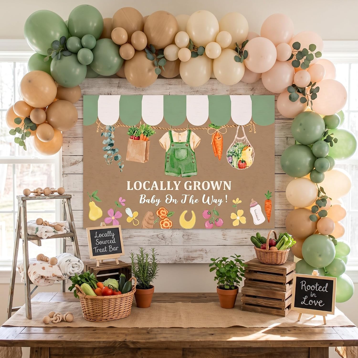 Mindsoft Locally Grown Baby Shower Decoration Banner 3x5ft Kraft Farmers Market Background Farm Party Backdrop for Baby Shower Gender Reveal Decoration Supplies with Removable Glue Points