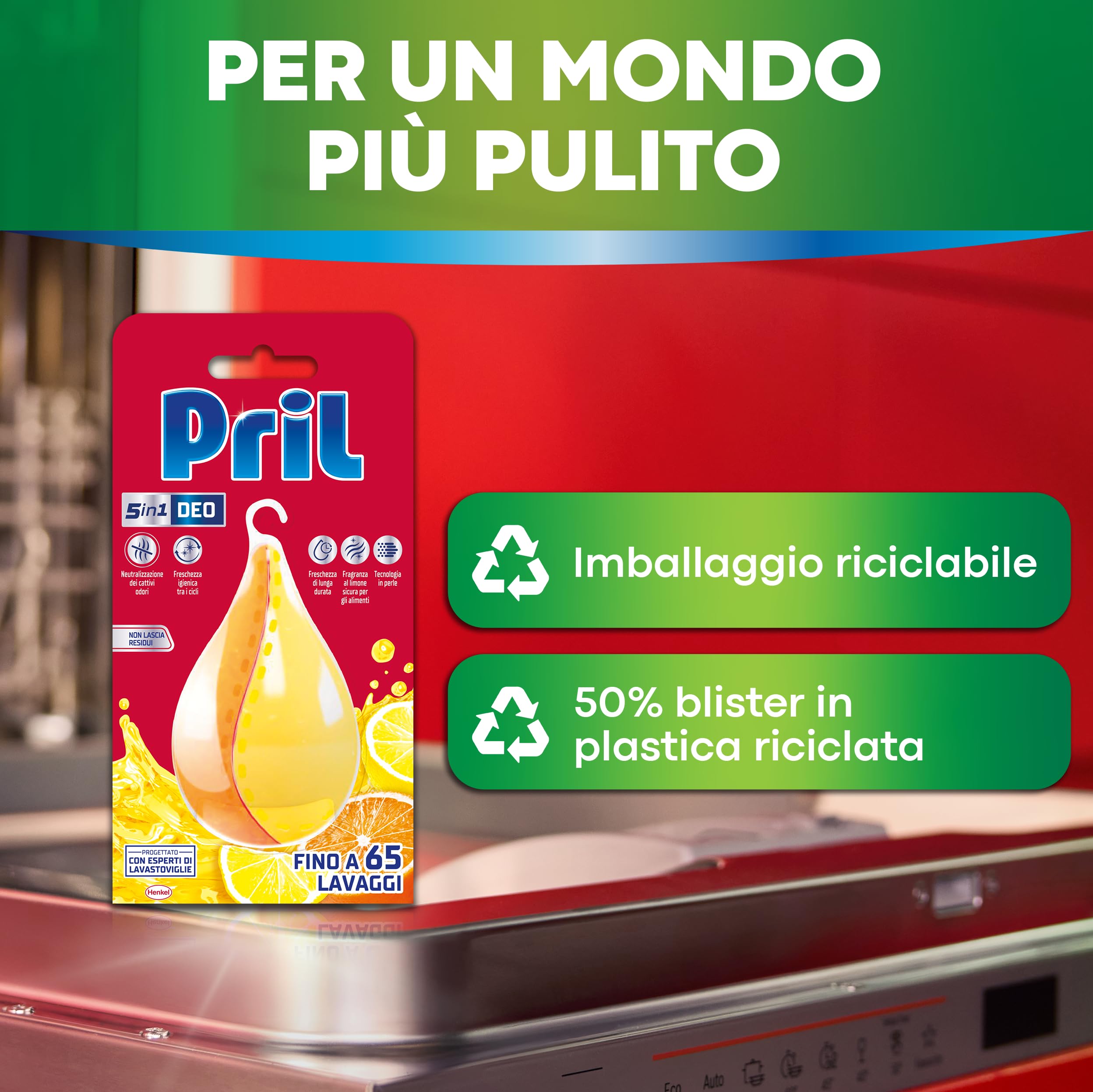 Pril 5in1 Deo Pearl profumatore per Lavastoviglie (8 confezioni da 65 lavaggi), Profumatore al Limone e Neutralizzatore di Odori, Profumatore per Lavastoviglie con Fragranza al Limone