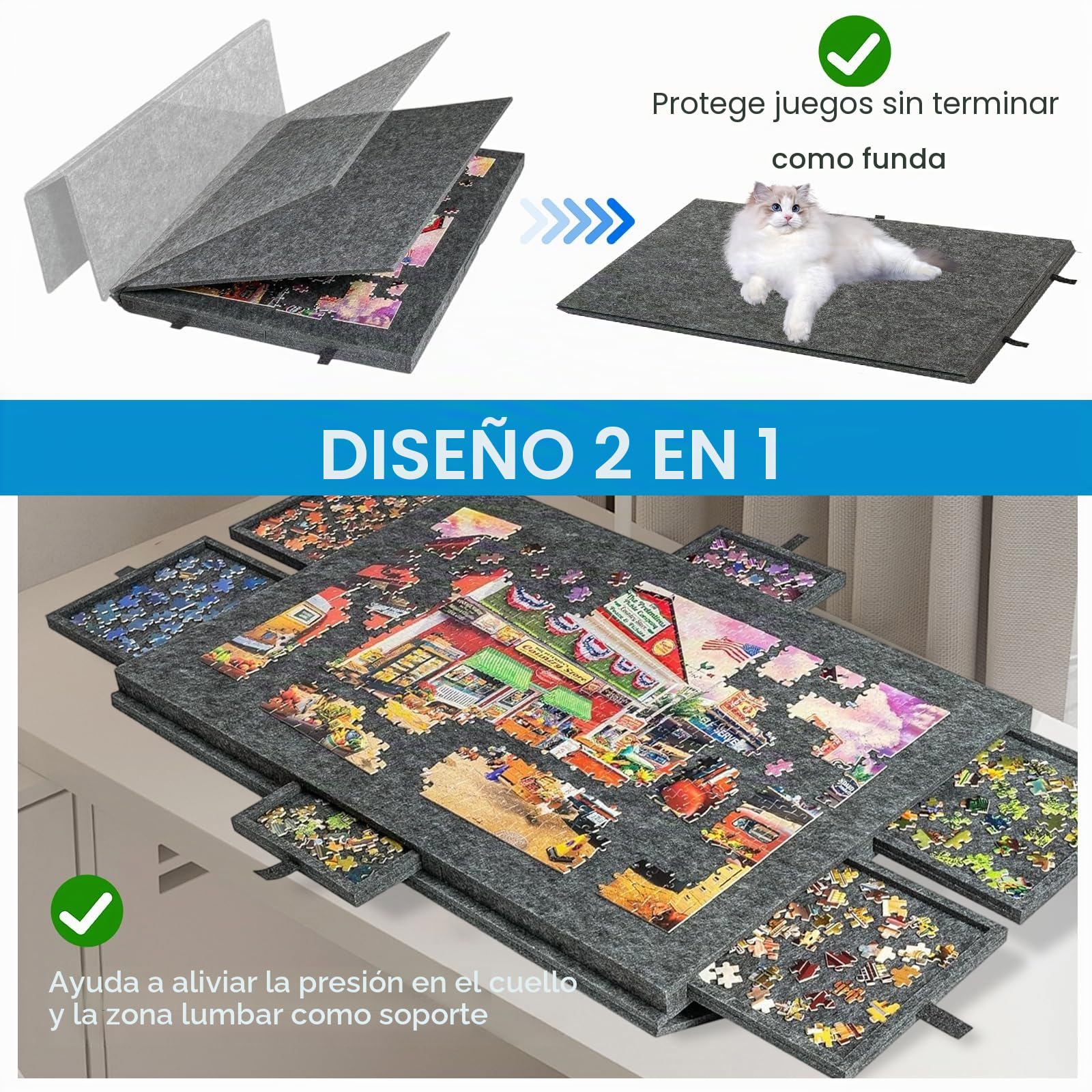 Mesa de rompecabezas de 1000 piezas – Tabla de rompecabezas inclinable con soporte 2 en 1 y cubierta, tablero de puzle de fieltro superligero con 6 cajones, tablero de puzle portátil