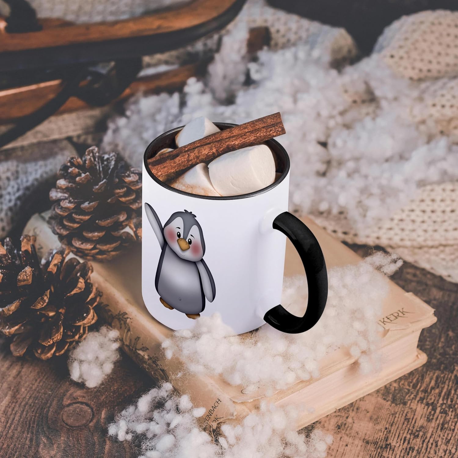 3dRose "Cute Waving Gray and White Penguin Illustration" Mug, Black/White/Gray, 11 oz