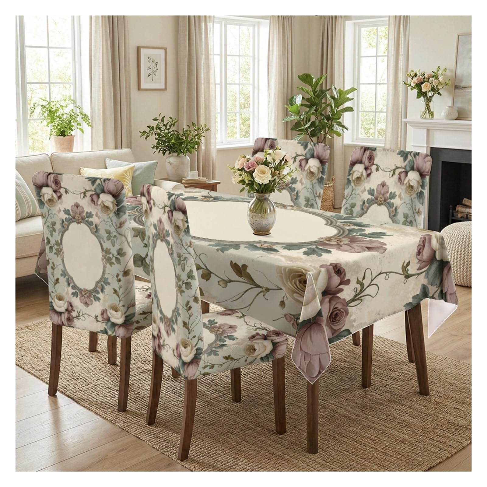 BOSUYBN Vintage Rose Wreath Frame Dining Chair Covers & Tablecloth Set, 5/7 Piece Cottagecore Floral Slipcovers For Shabby Chic Home Decor Table Setting(5pcs Set: Tablecloth+Chair Covers)