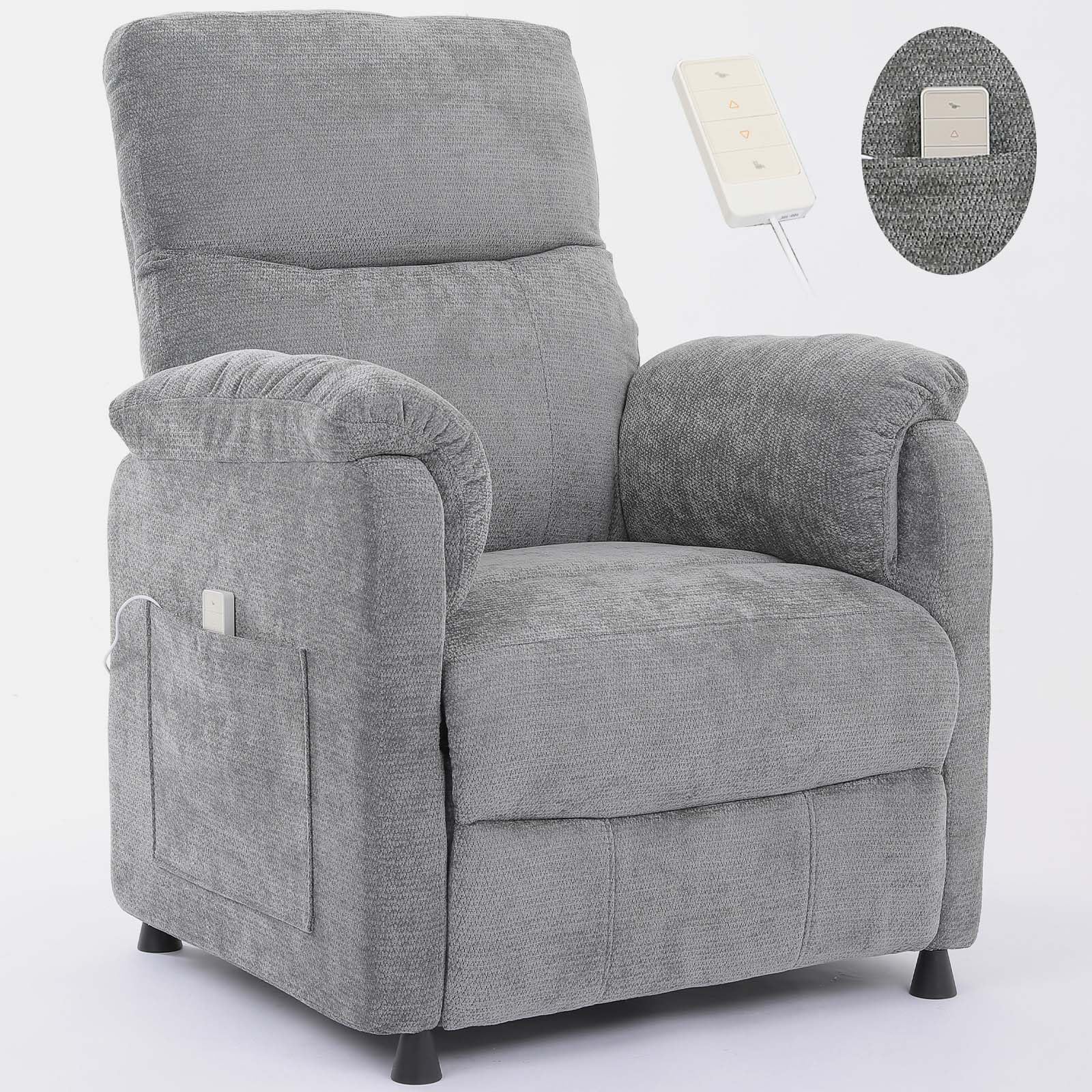 Chenille Power Recliner Chair for Living Room Bedroom|Electric|Remote Control|Side Pockets|Small|Adults (Grey)