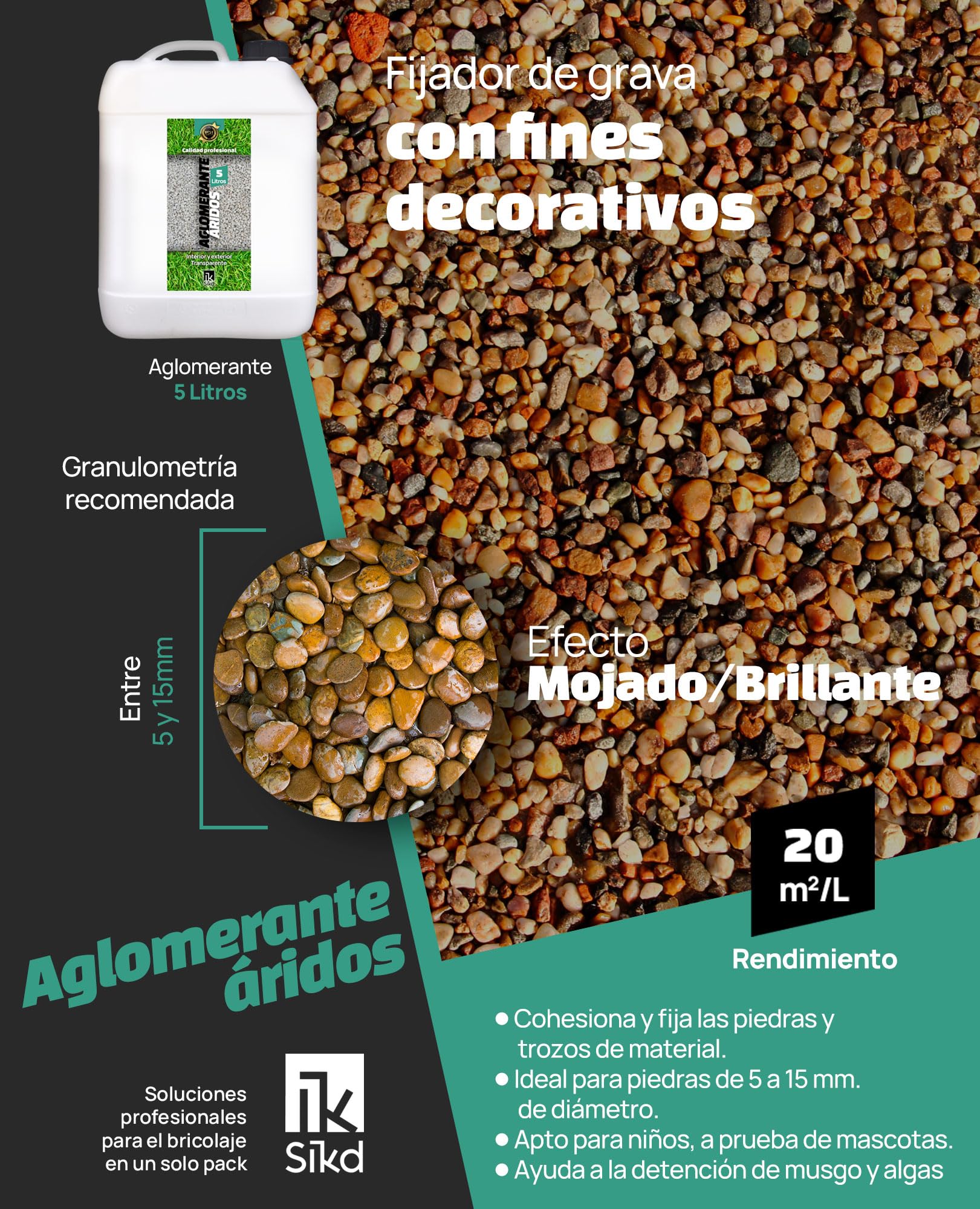 Resina fijador grava 5L decoración exterior. Estabilizador de grava efecto mojado. Pegamento para piedra, aglomerante fijación de aridos, gravilla, vídrios o cortezas en jardín