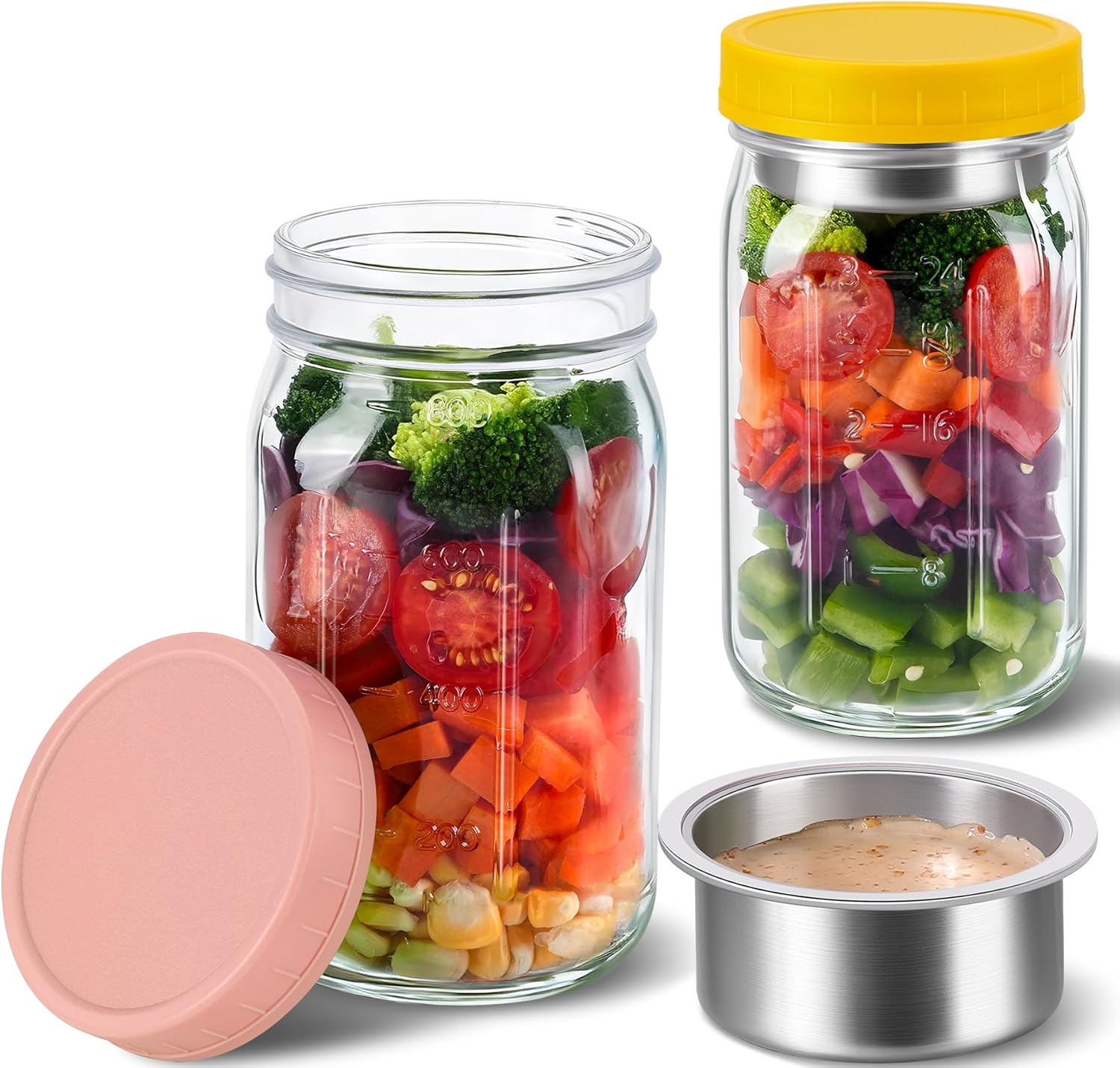 KTKUDY 2 Pack 32 oz Glass Salad Jars with Dressing Cups (Pod) - Meal Prep Salad Container for Lunch - Leakproof Mason Jars with Lids