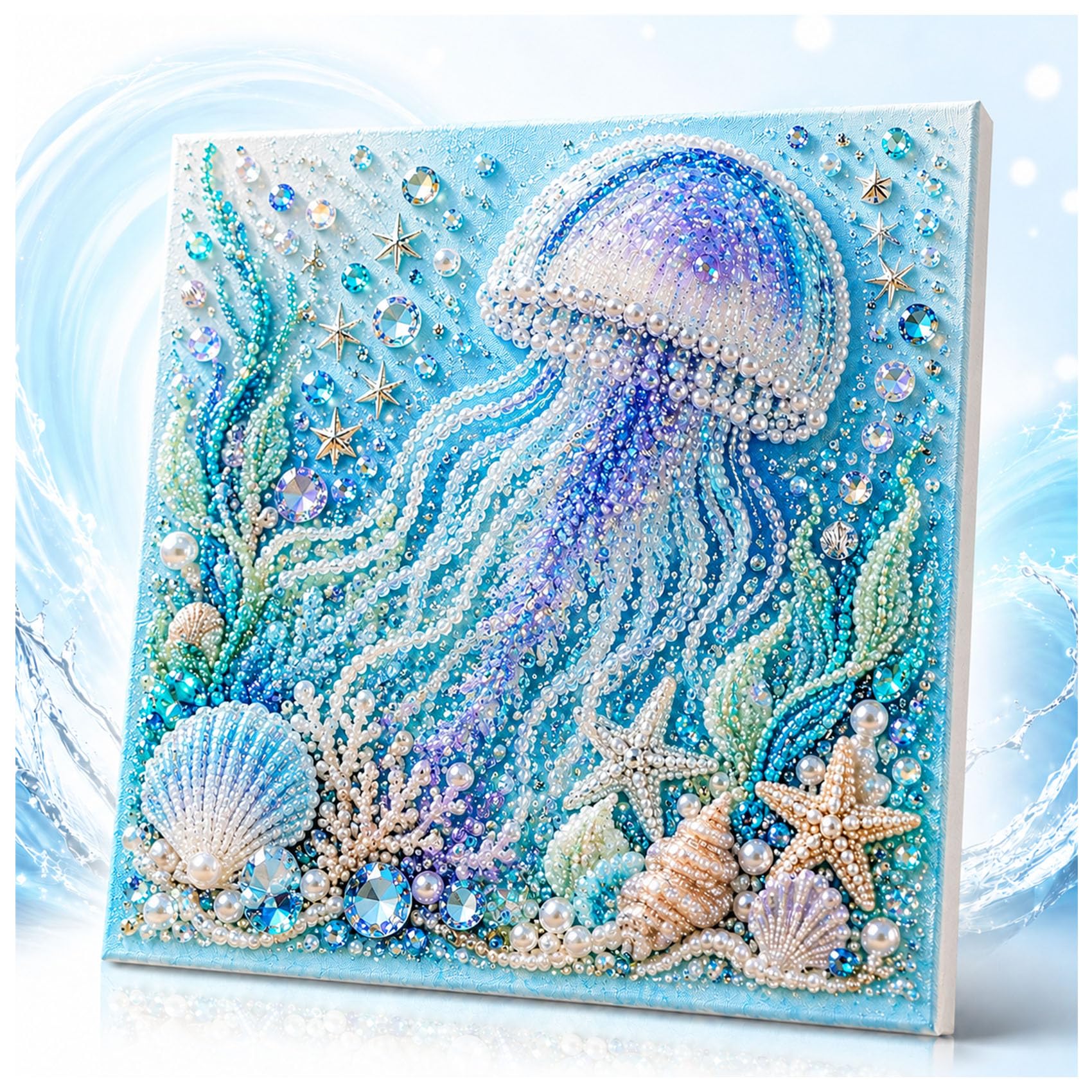 Jeeeun Ocean Theme Pearl Art DIY Kit, Pearl Art Kits for Adults and Beginners with 3D Resin Pearls and Rhinestones, Coastal Wall Decor (Jellyfish)