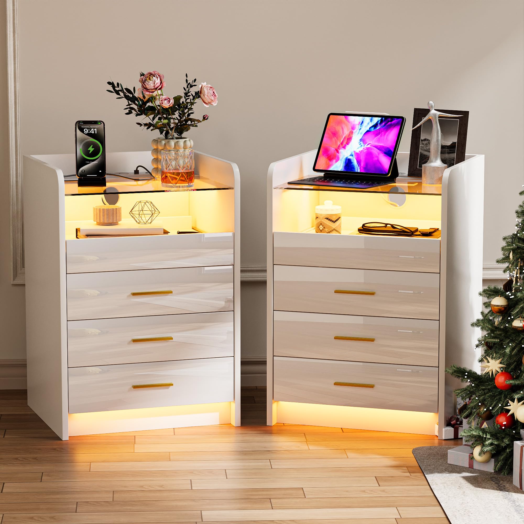 Ztexkee High Gloss Set of 2 Bedside Tables with Power Socket 45x40x65 cm Big Nightstands with RGB light End Table 3 drawers and 1 Storage compartments LED Bedside Table for Bedroom Living Room White — image 1
