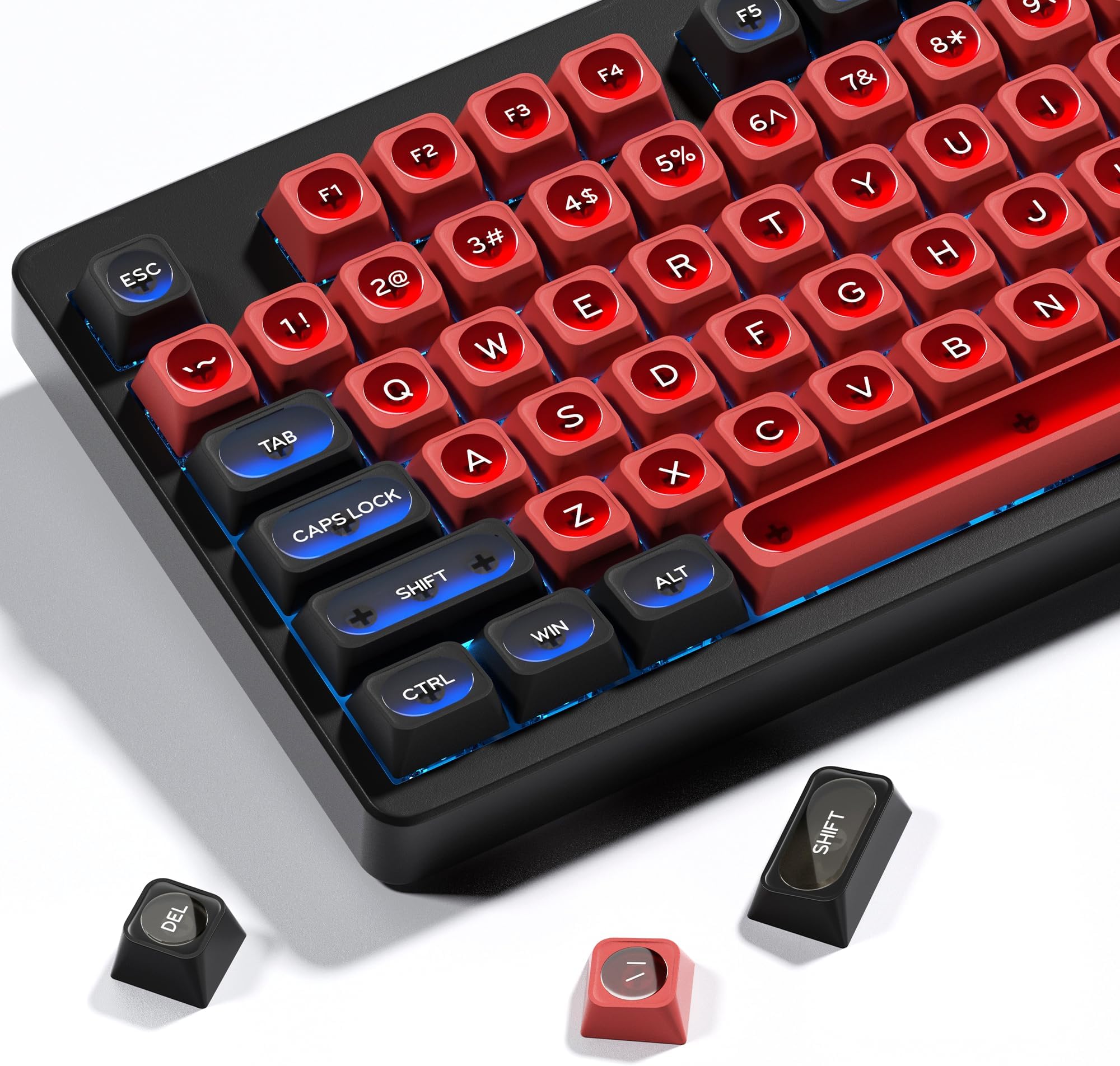 OHY XVX MAX Profile Translucent Shine-Through Keycaps, 136-Key PBT Keycaps with Crescent Moonlight Design for 75% Mechanical Keyboards (Black & Red Custom Jelly Style)