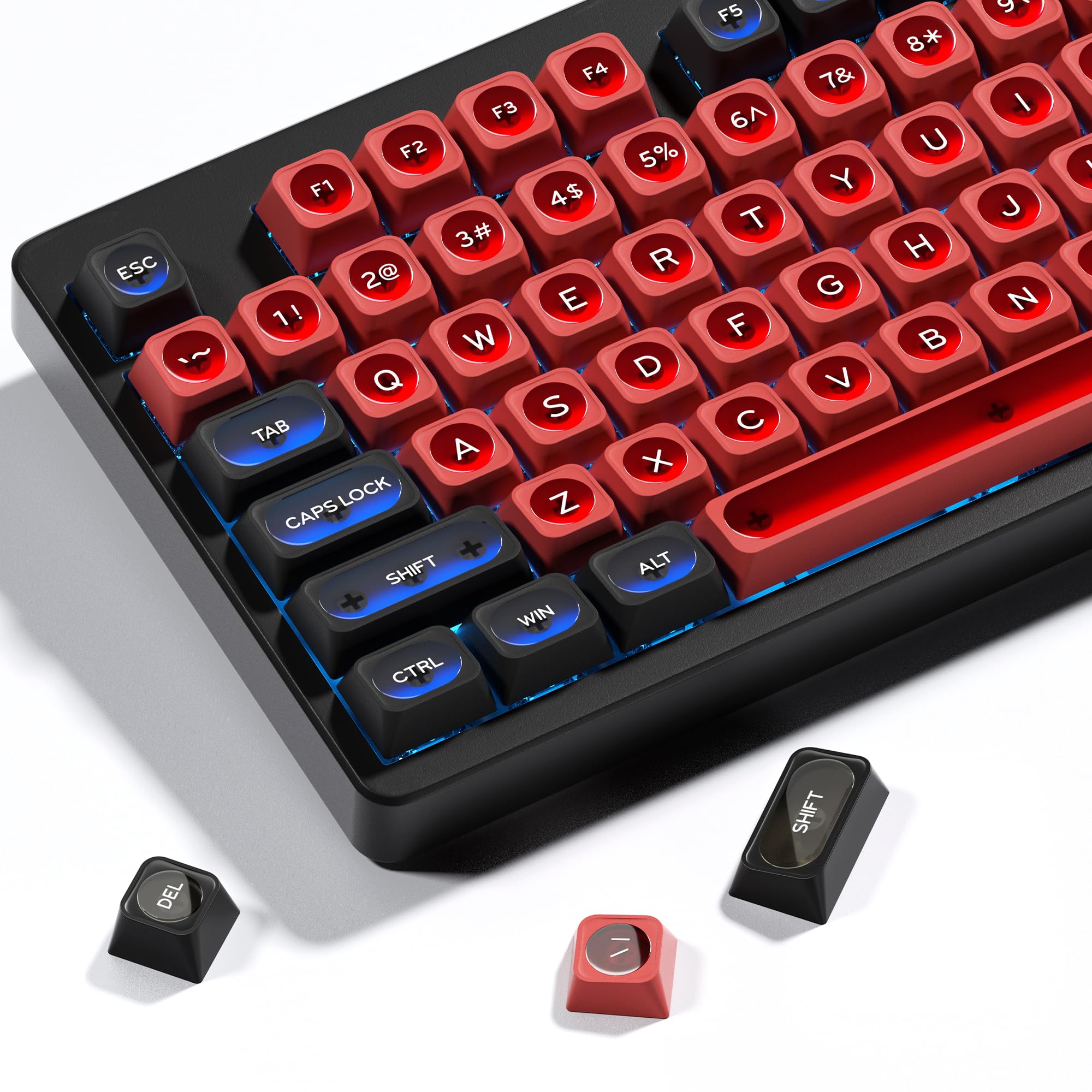 OHY XVX MAX Profile Translucent Shine-Through Keycaps, 136-Key PBT Keycaps with Crescent Moonlight Design for 75% Mechanical Keyboards (Black & Red Custom Jelly Style)