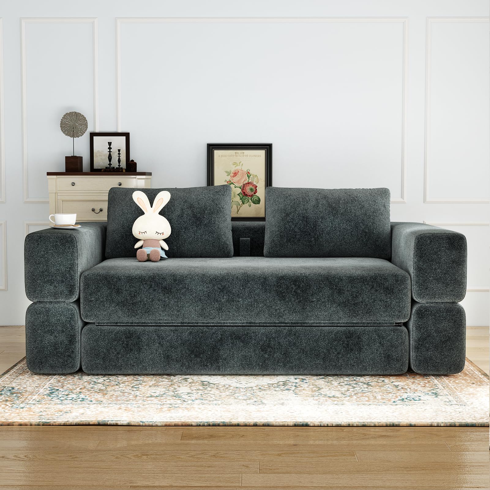 HAUSPROFI 3 in 1 Boneless Couch, Bodensofa Bed, Klappbares Sofa mit Schlaffunktion 2 Sitzer Chenille Schlafsesse für Schlafzimmer, Wohnzimmer und kleine Räume (Dunkelgrau)