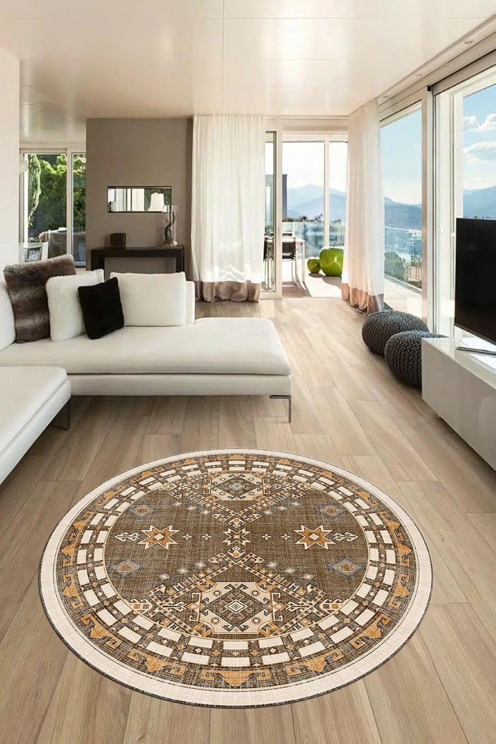 Dijital Kaymaz Taban Yıkanabilir Etnik Desen Yuvarlak Mutfak Salon Halısı Y-ETNİK-03, Kahverengi, 160 x 160