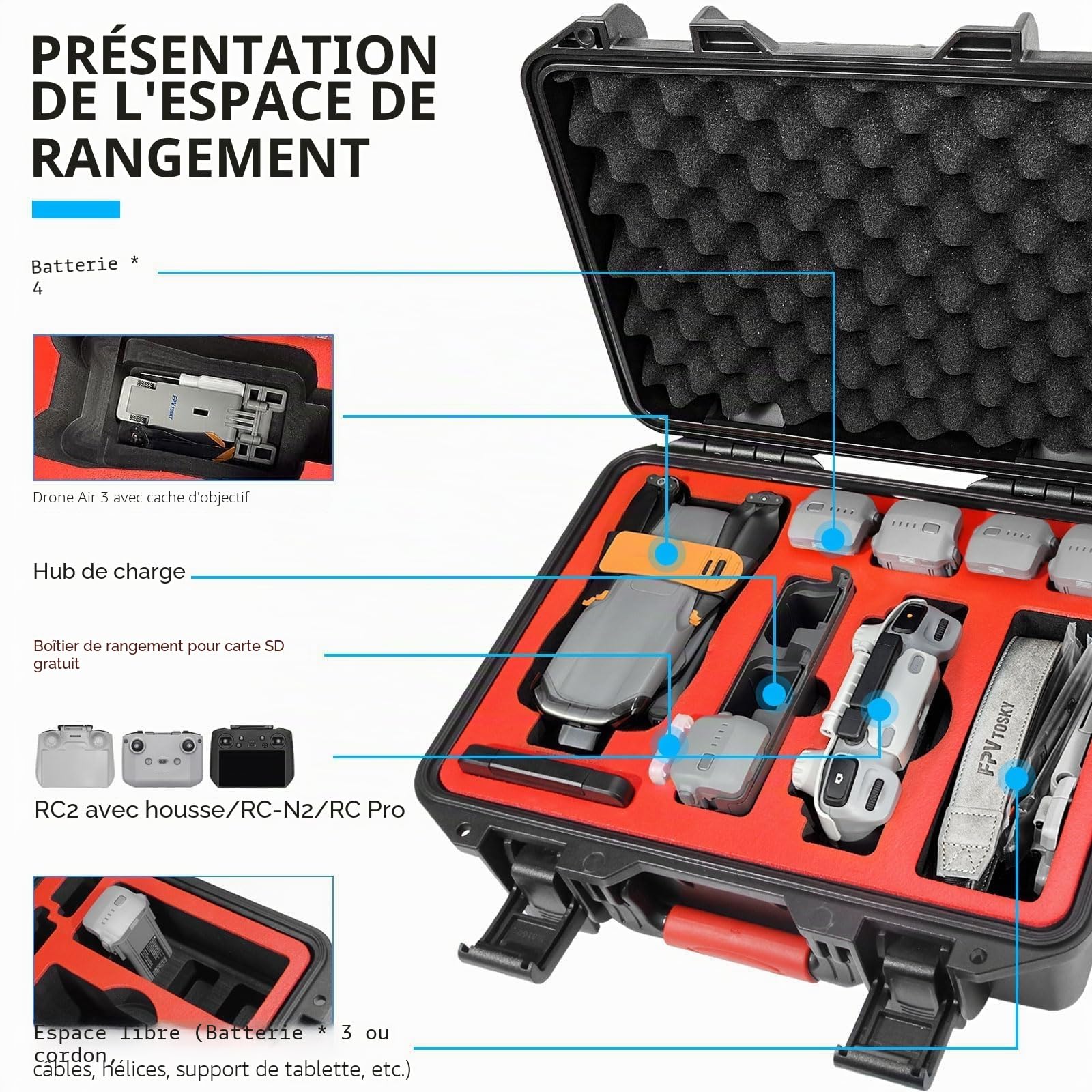 FPVtosky Valise Rigide pour DJI Air 3 Drone/ Fly More Combo Accessories, étui de Transport Rigide étanche pour DJI Air 3, Compatible avec DJI RC 2/RC-N2/RC Pro, jusqu'à 8 Batteries