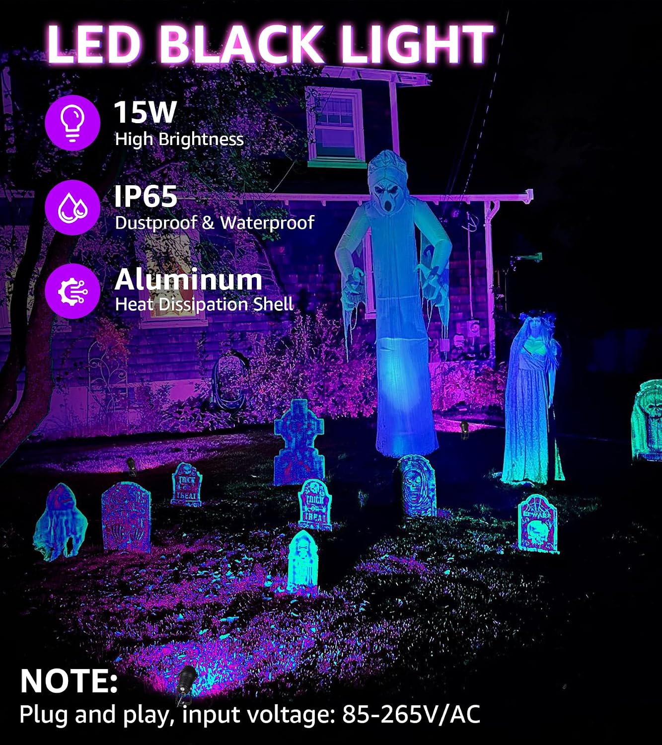 URTOM Black Light Outdoor 120V Halloween Spotlight Outdoor Blacklight Waterproof LED Black Light Spot Light 15W Purple Spotlights Blacklights for Glow Party Fluorescence, 1 Pack