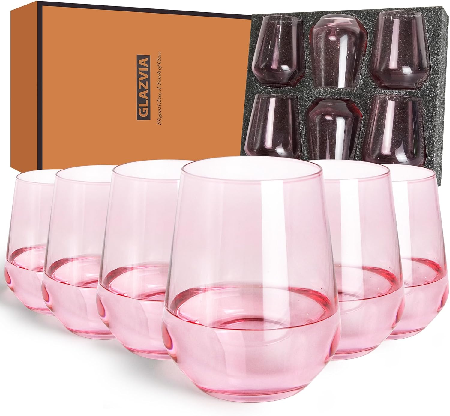 Pink Stemless Wine Glasses Set of 6-15oz Pink Wine Glass Cups, Pink Crystal Drinking Glassware, Unique Hand Blown Drinkware Holiday Gift Set