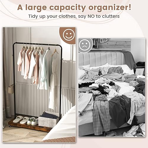 Vista 9 de Tangkula Perchero con ruedas, estilo tubería industrial con estante inferior de almacenamiento y 5 ganchos para colgar, organizador de ropa