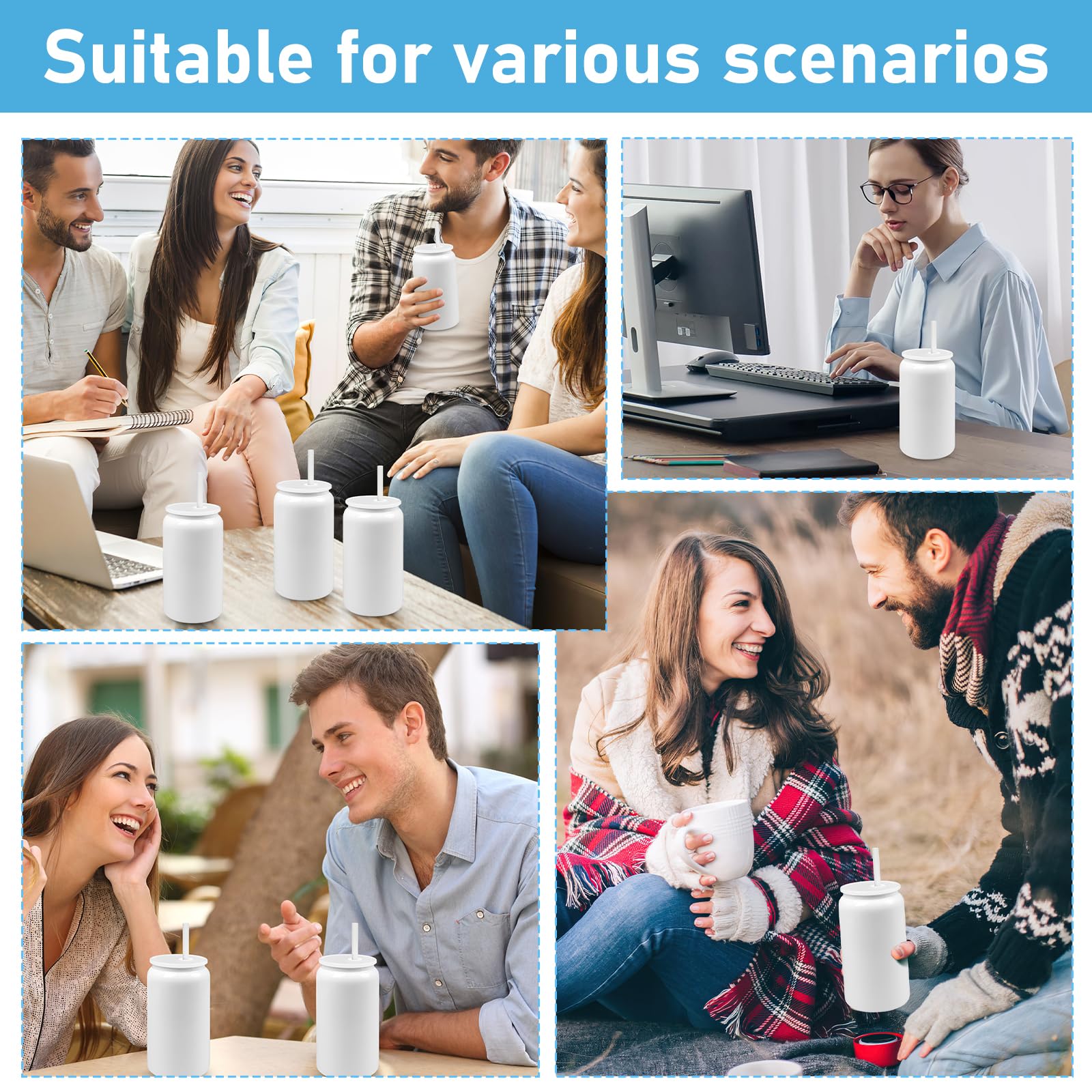 Lot de 6 gobelets vierges de sublimation pour enfants, 480 ml en acier inoxydable avec couvercles et pailles, gobelet isotherme à double paroi avec dessous de verre pour cadeau de fête