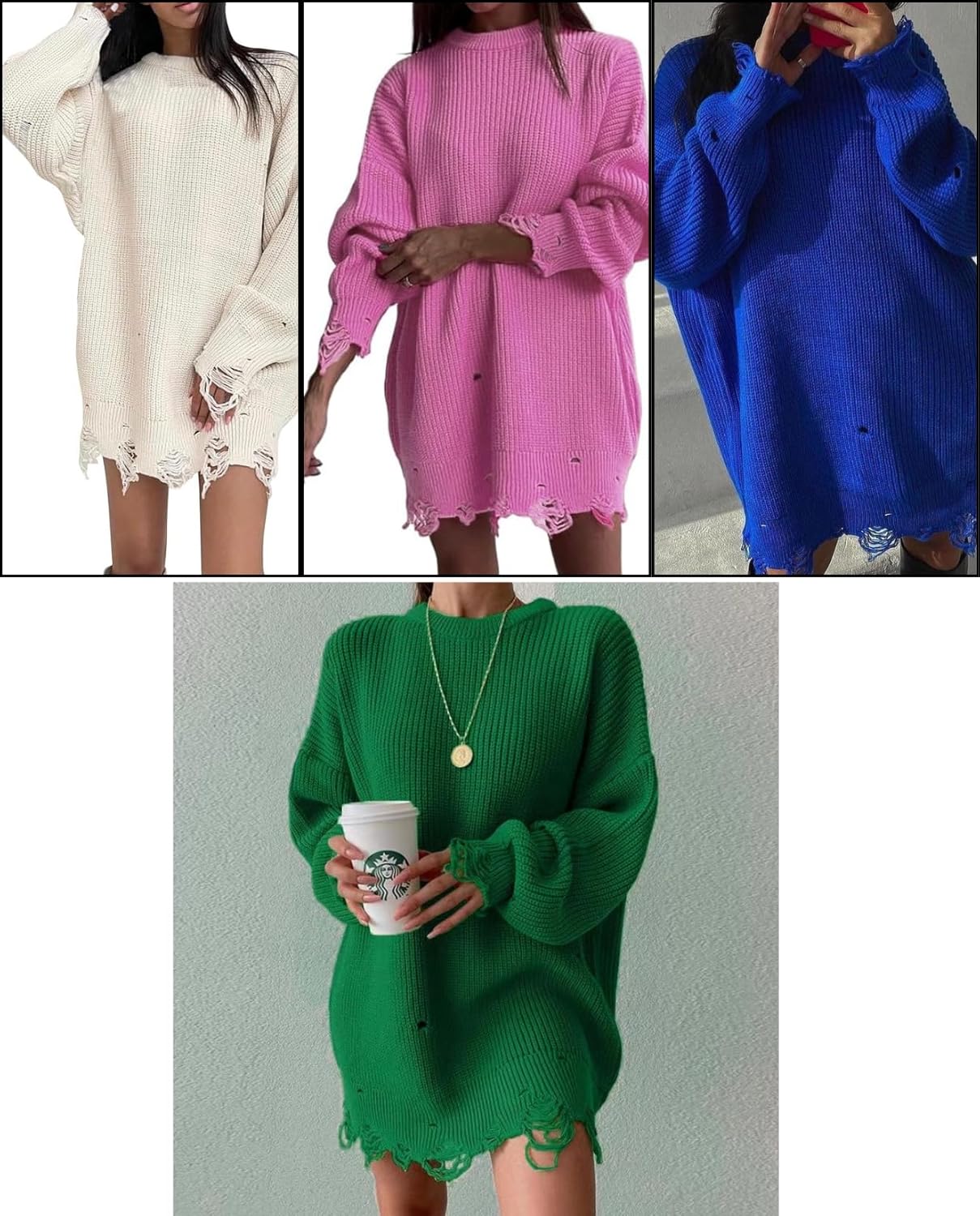 Woman Trendy Creweneck Ripped Hole Sweater Solid Color Fall Winter Casual Green Long Sleeve Pullover Loose Knitted Sweater