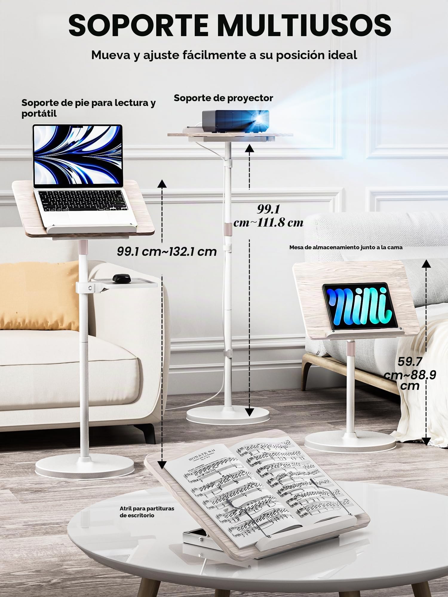 Soporte Ajustable 2 en 1 para Libros y Portátiles - Altura Regulable 60-132 cm, Uso Dual en Suelo y Mesa, Clip Elásticos para Partituras, Recetas, Tablets y Laptops, Diseño Moderno en Blanco
