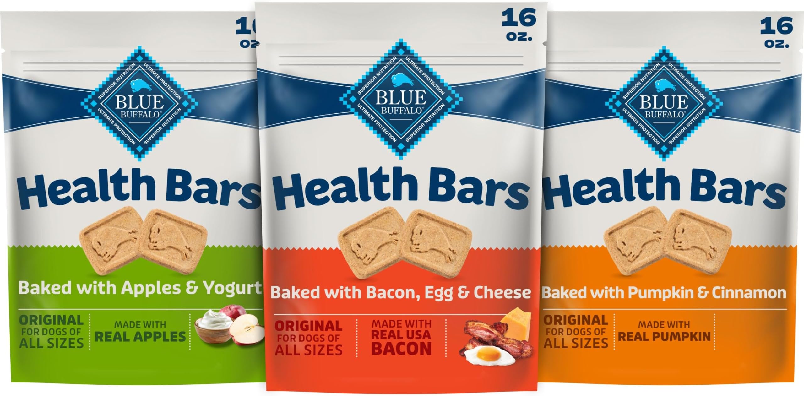 Blue Buffalo Health Bars Natural Crunchy Dog Treats Biscuits, Apple & Yogurt, Pumpkin & Cinnamon, and Bacon, Egg, & Cheese 16-oz Variety Pack, 3ct