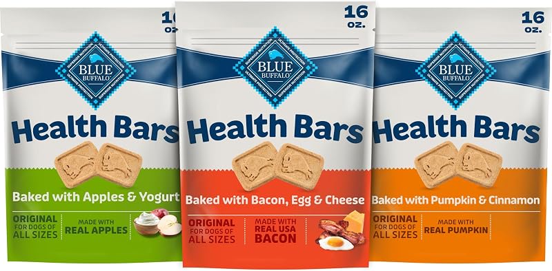 Blue Buffalo Health Bars Variety Pack Dog Biscuits, 16 oz | Bacon Egg & Cheese, Apple & Yogurt & Pumpkin & Cinnamon Recipes, Oven-Baked, Crunchy Texture