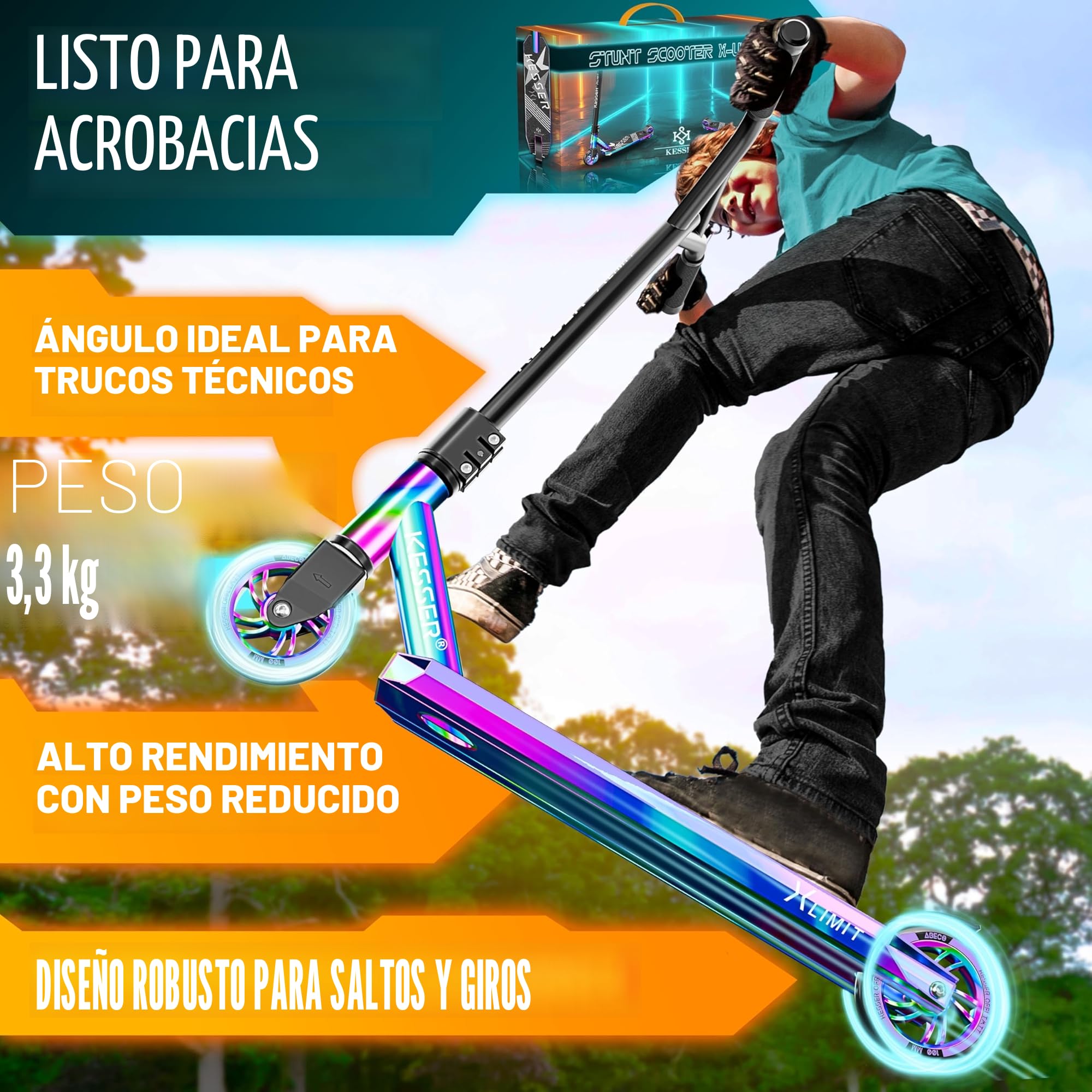 KESSER® Scooter Funscooter Stuntscooter X-Limit, conducción de 360° con cojinetes de Bolas ABEC 9, Ruedas de PU de 100 mm, Patinete Robusto, Patinete de Ciudad, Patinete de Trucos para niños y Adulto