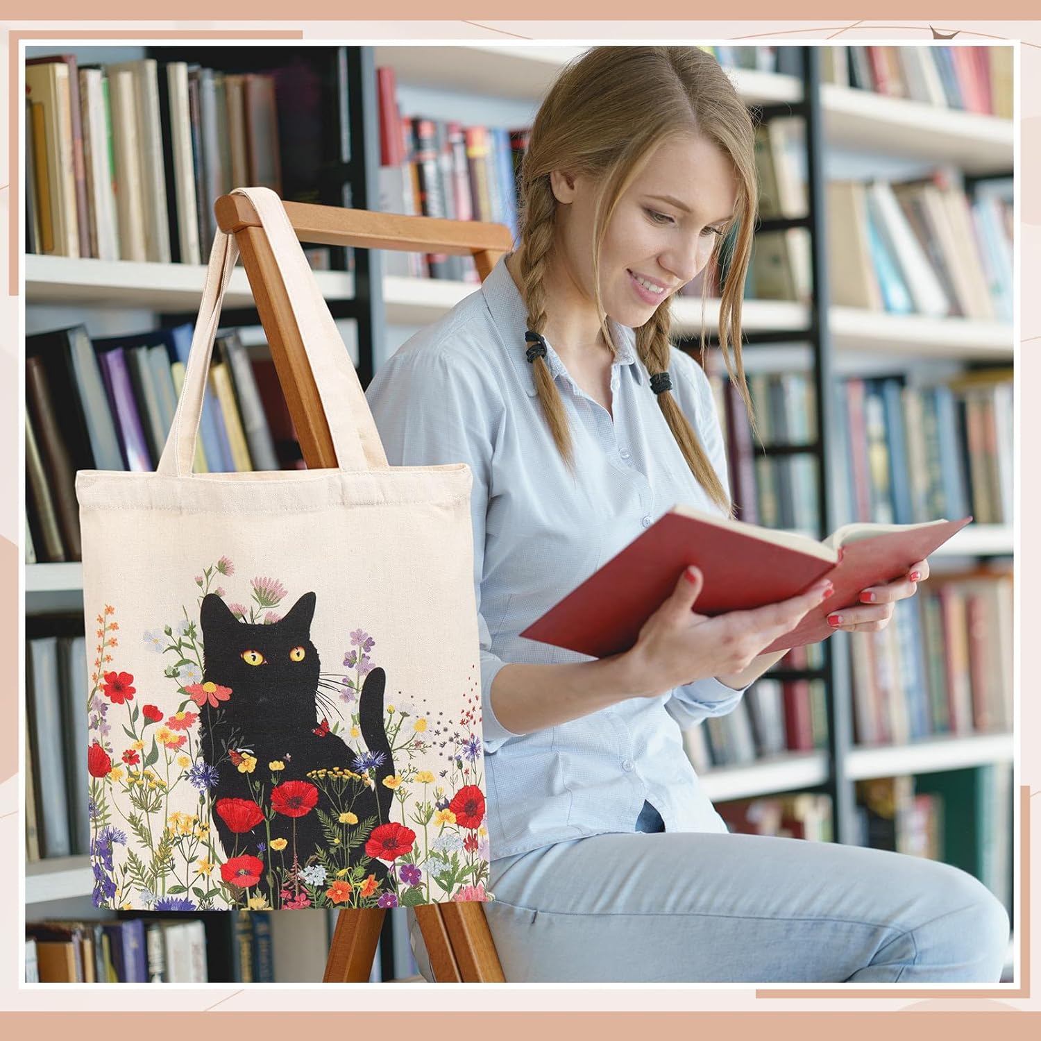 Paterr 6 Pcs Black Cat Canvas Tote Bag for Women Vintage Floral Book Cute Tote Bulk Aesthetic Reusable Bag Book Club Gifts for Animal Lover Shopping Grocery Birthday Gym Travel Vacation - Image 5