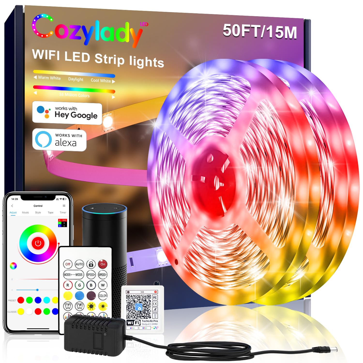 Cozylady WiFi LED Strip Lights 15m (2rolls of 7.5m), Smart RGB Light Strips Compatible with Alexa, Google Home, APP Control,Music Sync RGB Lights for Bedroom Children's Room Party Decor Gift - 15m/2*7.5m