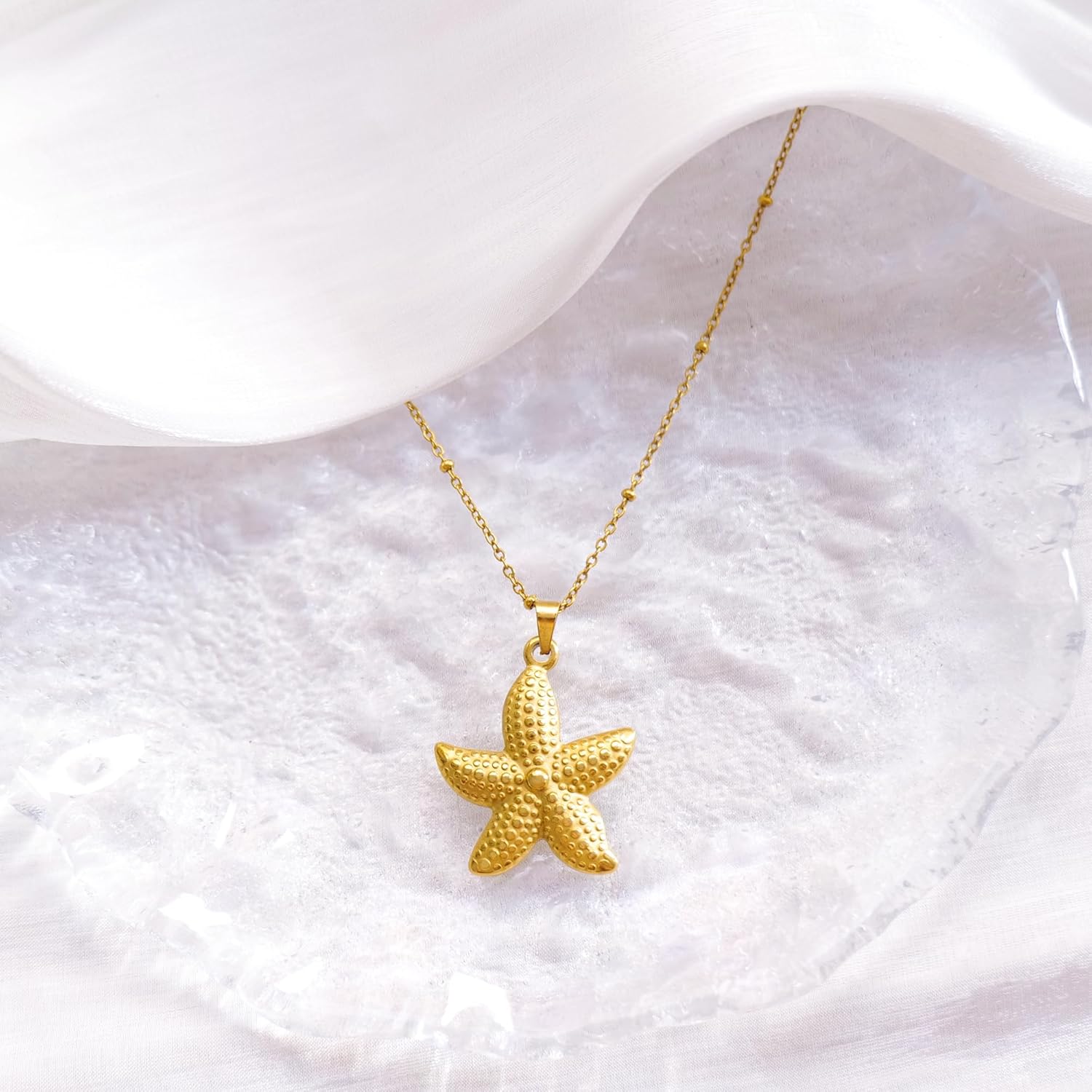 Starfish Necklace Gold Beachy Jewelry for Women Dainty Beach Summer Charm Starfish Pendant Adjustable Stainless Steel Thin Beaded Chain Ocean Necklaces - Image 7