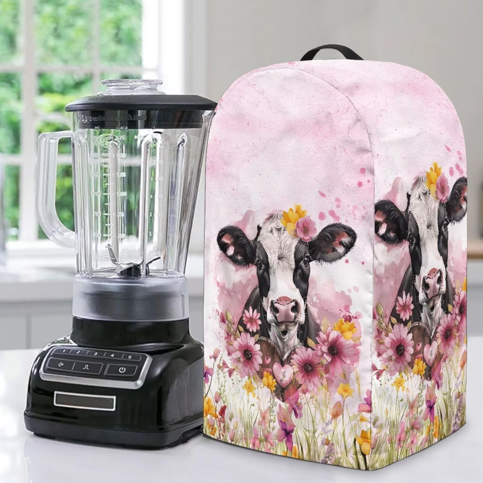 Kitchen Countertop Blender Cover with Drawstring Small Appliance Dust Protection 9.4”Lx7.2”Wx15.9”H Kitchen Blender Cover for Home Kitchen Decor Purple Flower Cow Print