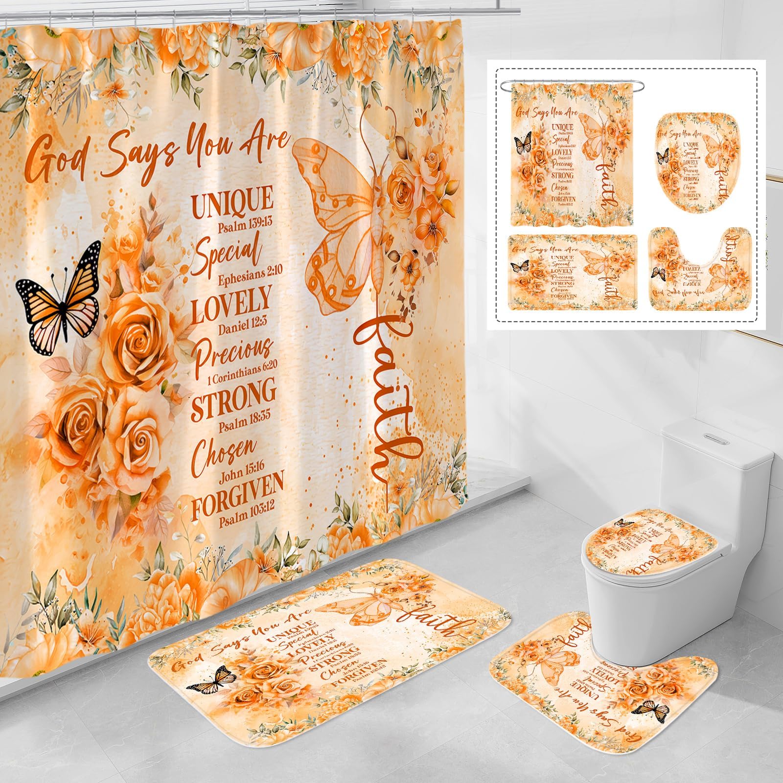 4 Pcs Orange Butterfly Inspirational Quotes Shower Curtain Set with Rugs and Toilet Lid Cover, Colorful Boho Waterproof Fabric Bathroom Set, Bible Verse Floral Bathroom Decor Set Accessories
