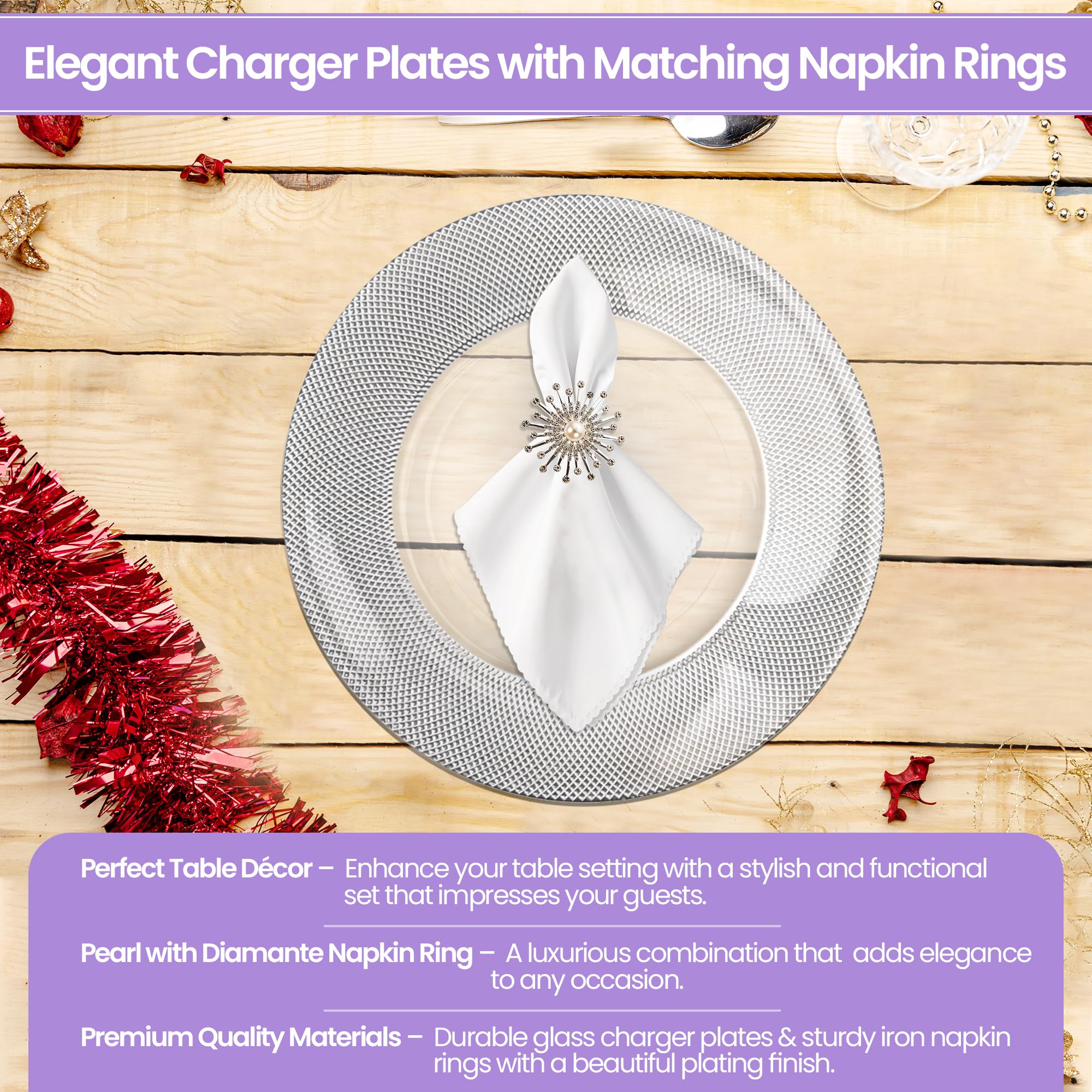 Event Decor Shop Set di 12 eleganti piatti piani argentati con motivo a scacchi, con anelli portatovaglioli, 33 cm, in vetro, per matrimoni, feste ed eventi speciali, decorazione da tavola