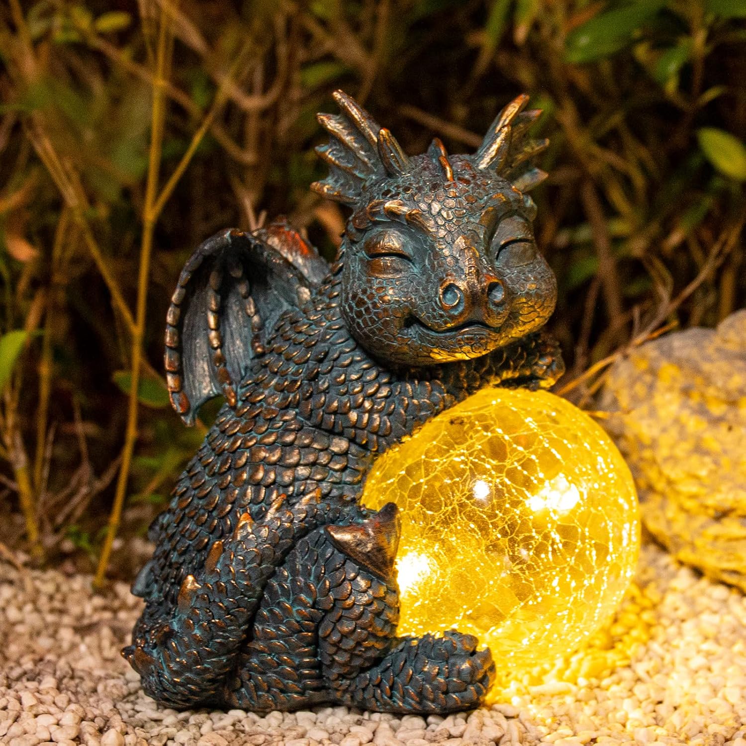 WONDER GARDEN Dragon Statue - Sleeping Dragon Figurines Solar Light Resin Garden Statues with Crackled Glass Globe Outdoor Waterproof Lawn Ornament Decor - Image 4