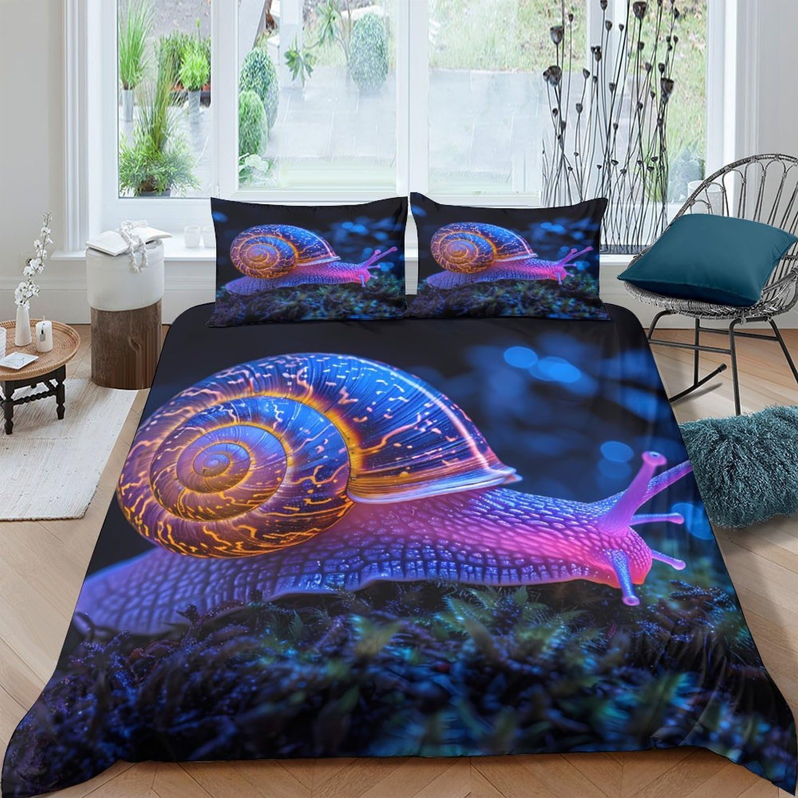 Ctjqhvkz Style-7 3D Printed Neon Snail Fitted Sheet Microfiber Soft Deep Blue Forest Bed Cover Anti-Slip Machine Washable Bedroom Decor Single（135X200cm）