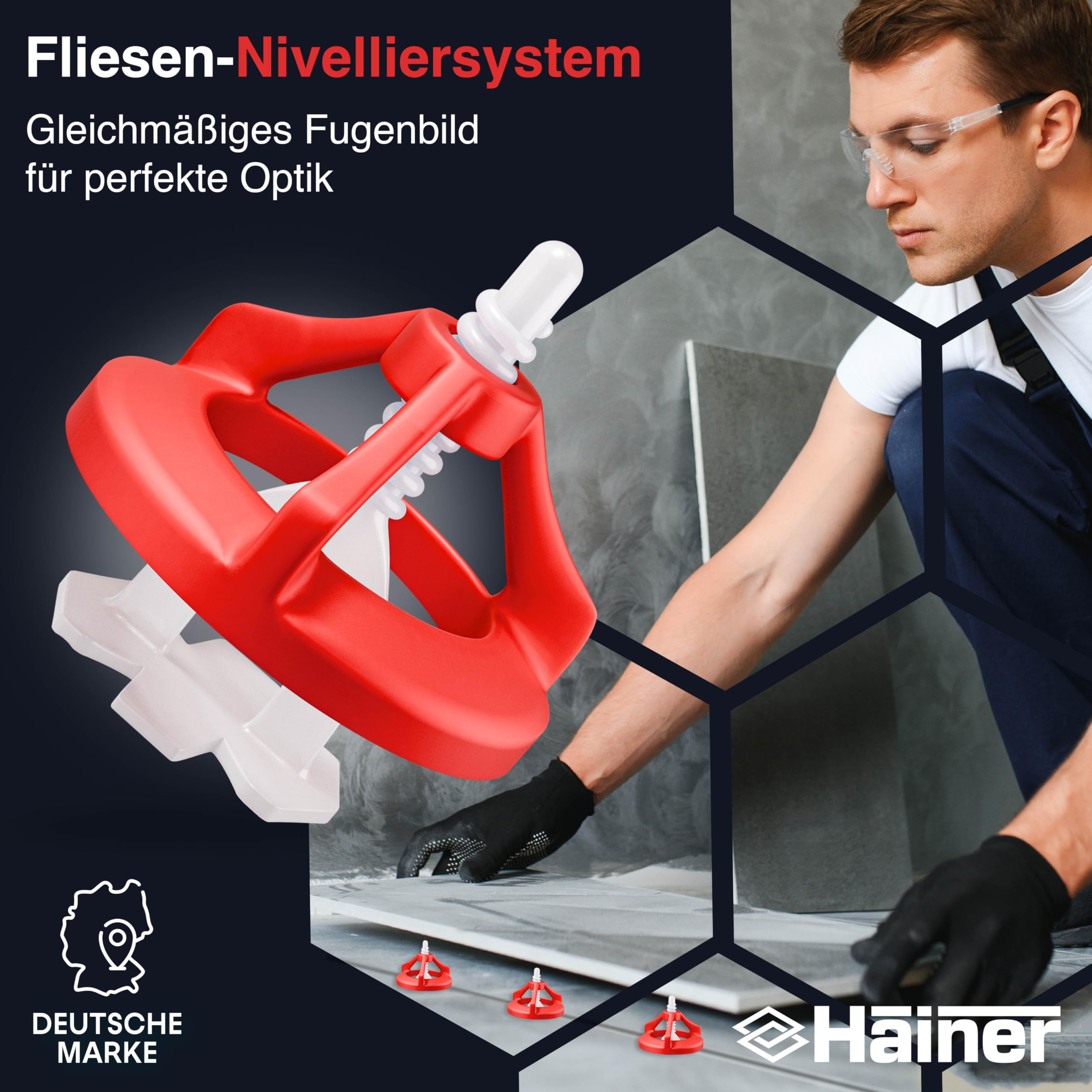 Hainer® Premium Fliesen Nivelliersystem Fliesenverlegehilfe | Saubere Fugen durch perfekte Abstandshalter, für Heimwerker & Profis inkl. Ebook und Anleitung (Set 100 Hauben + 200 Laschen, 2mm)