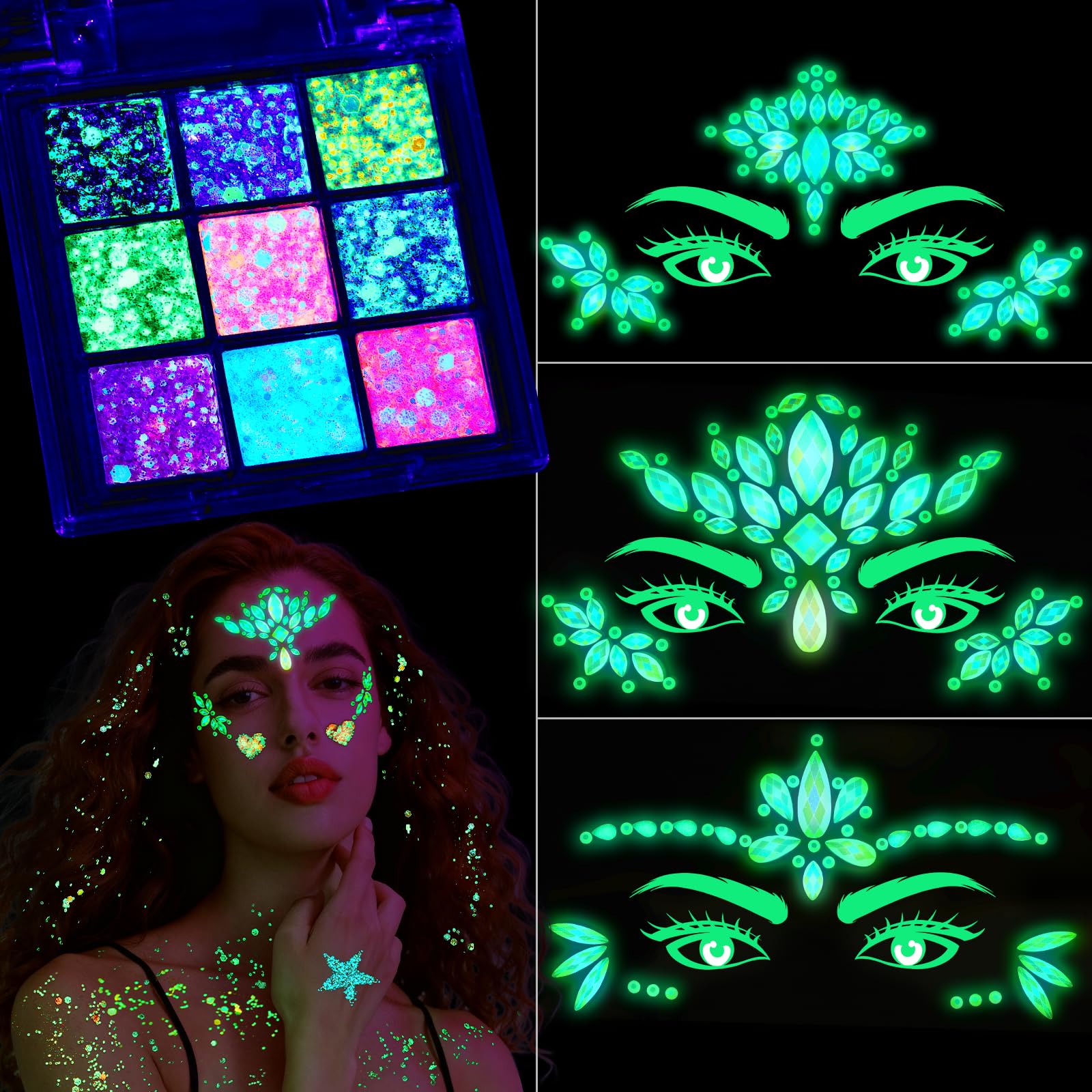 YGDZ Glow in The Dark Face Glitter, Hair Body Glitter Gel, Face Jewels Stick On for Women, Festival Carnival Outfits, Mermaid Costume for Halloween Makeup, Rave Accessories for UV Black Light Party