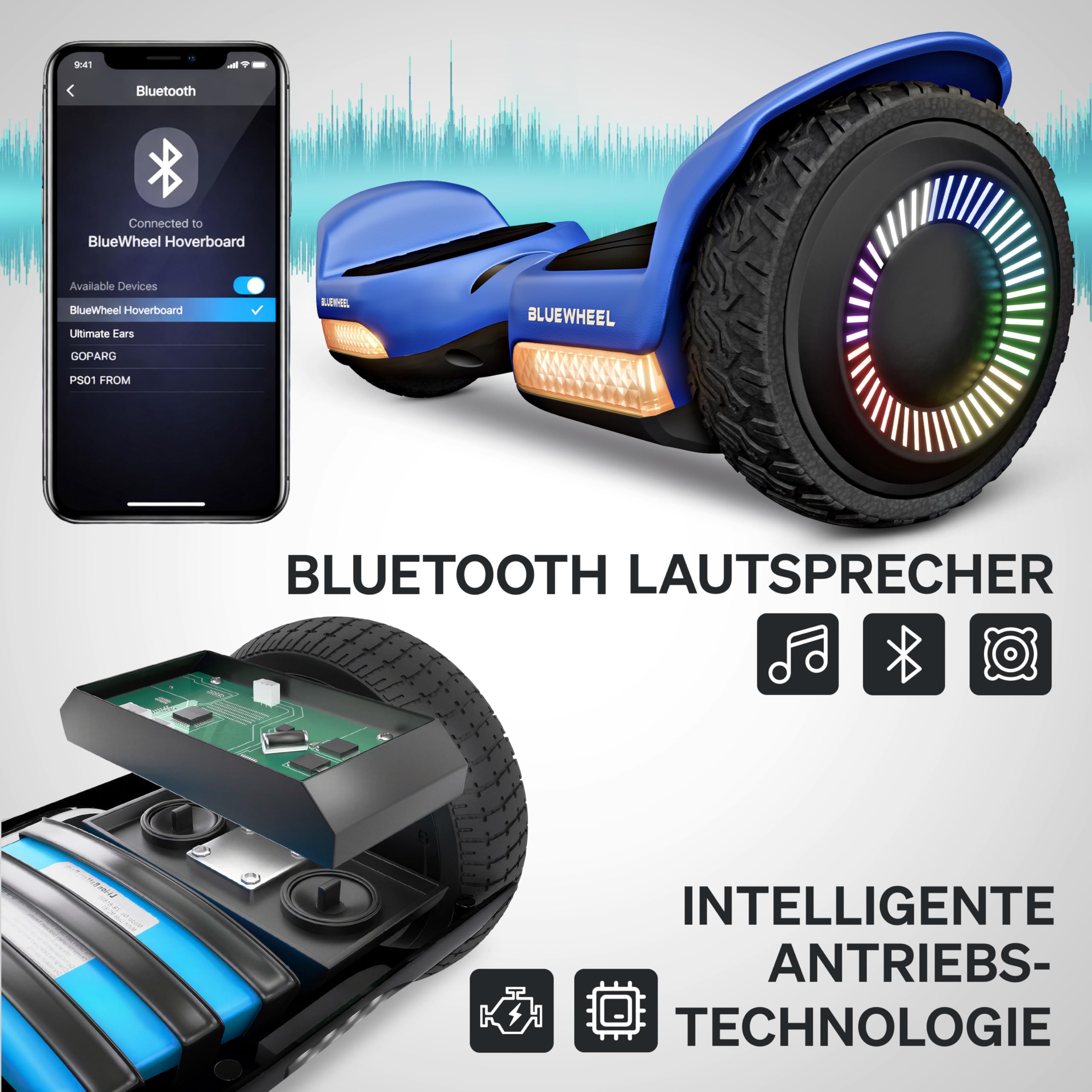 Bluewheel HX720 Hoverboard Enfant 6,5 Pouces, Double Moteur 500W, Bluetooth | Marque allemande, haut-parleur Bluetooth, roues LED, 12 km/h max, autonomie 13 km, auto-équilibrage, pour enfants et adultes