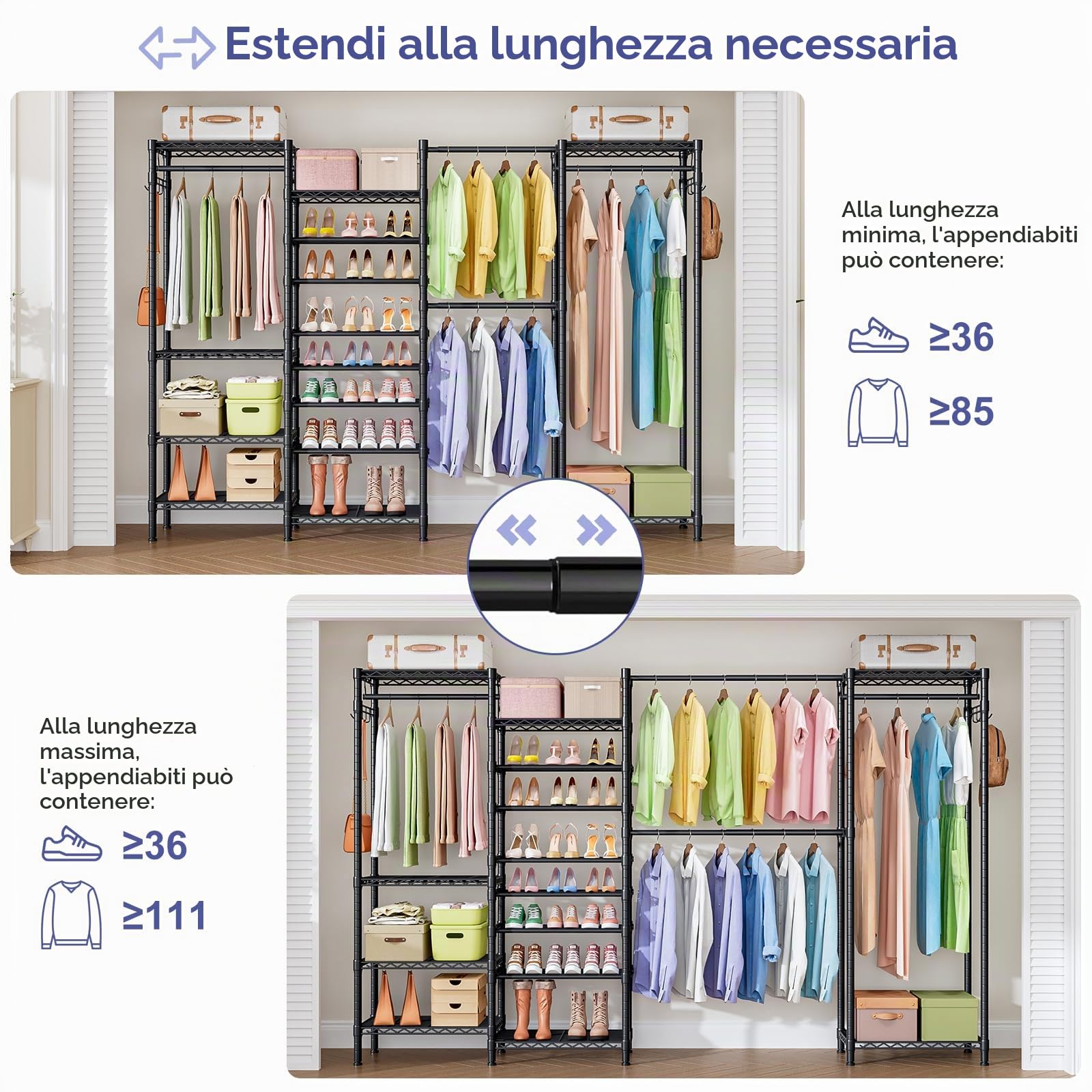 Cabina Armadio Componibile in Metallo con Stand Appendiabiti Estensibili e Scaffali Regolabili, Armadio Aperto Salvaspazio per Camera da Letto, Guardaroba e Lavanderia (Nero, 233-283x34.5x182cm)