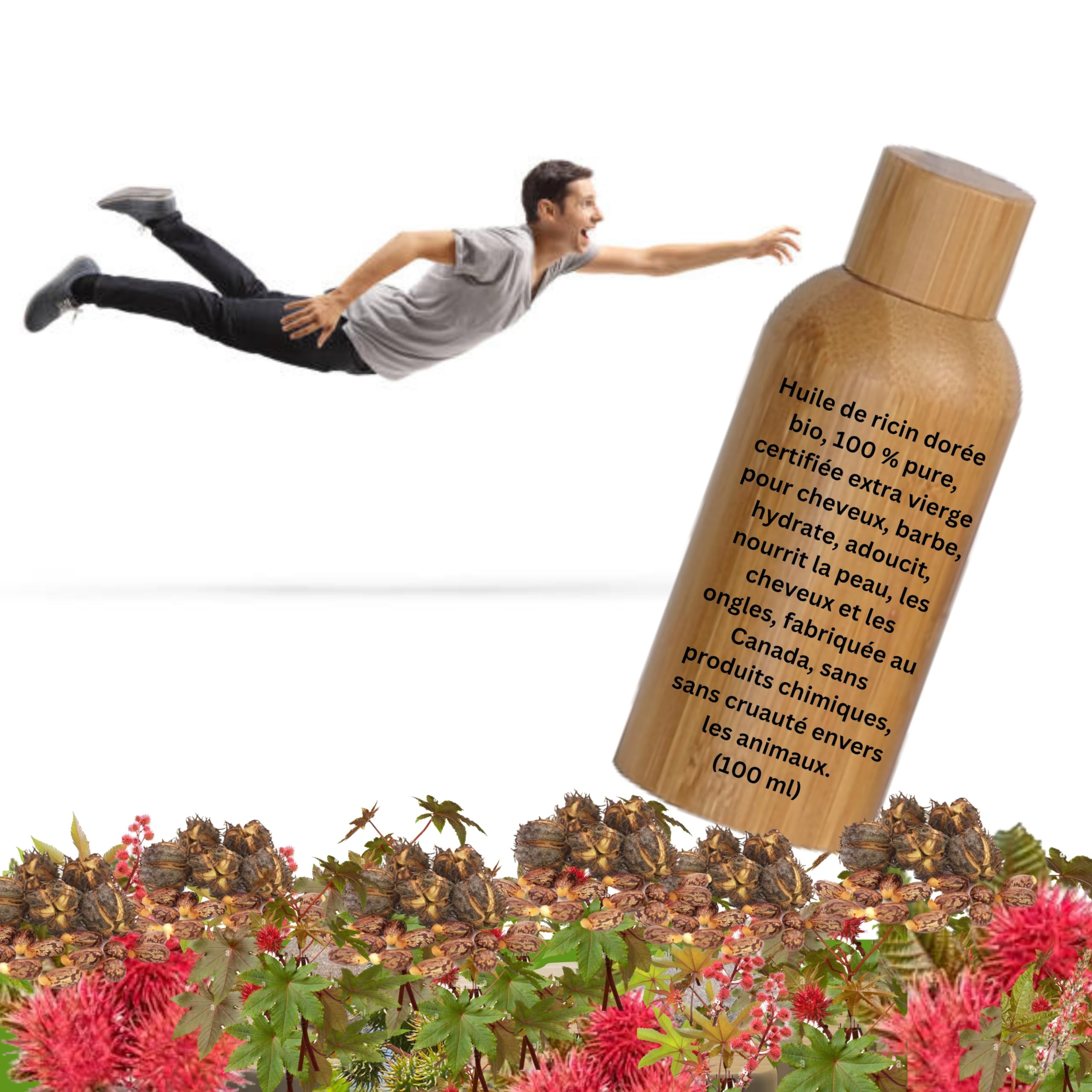 Huile de ricin dorée bio, 100% pure, certifiée extra vierge pour cheveux, barbe, hydrate, adoucit, nourrit la peau, les cheveux et les ongles, (100 ml)