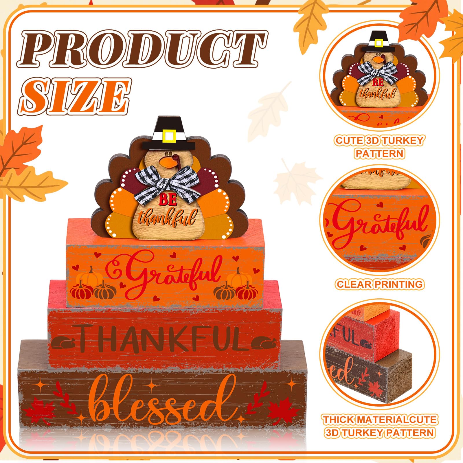 2-Piece Wooden Turkey Table Signs – Rustic Fall Thanksgiving Decor, Farmhouse Tiered Tray Centerpiece Blocks - View #13