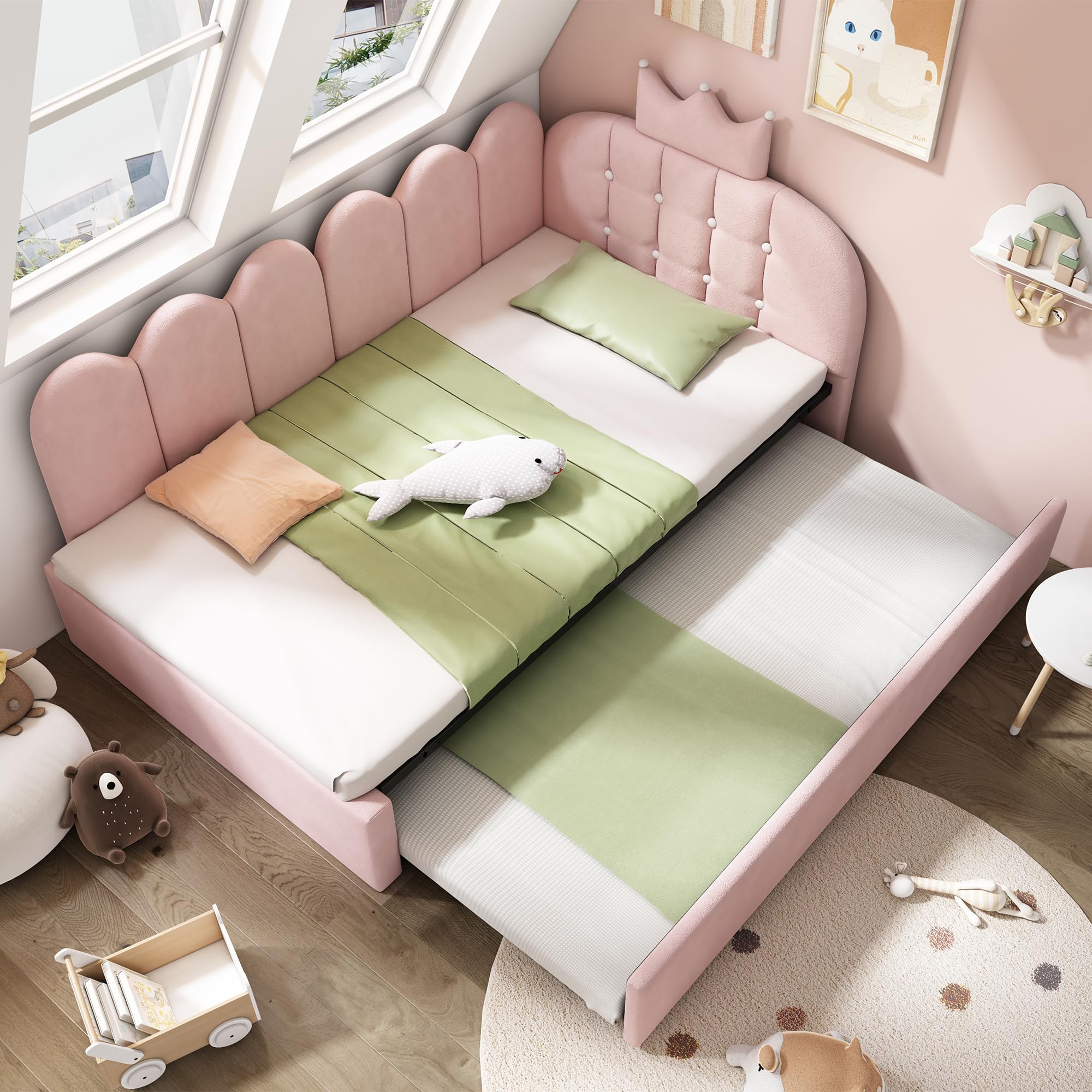 Merax Upholstered Daybed with Pull-Out Trundle Bed 3FT Single 90x190 cm, Velvet Sofa Bed Frame with Crown Headboard, Guest Bed for Adults & Children,Metal Slats, Pink, No Mattress — image 1