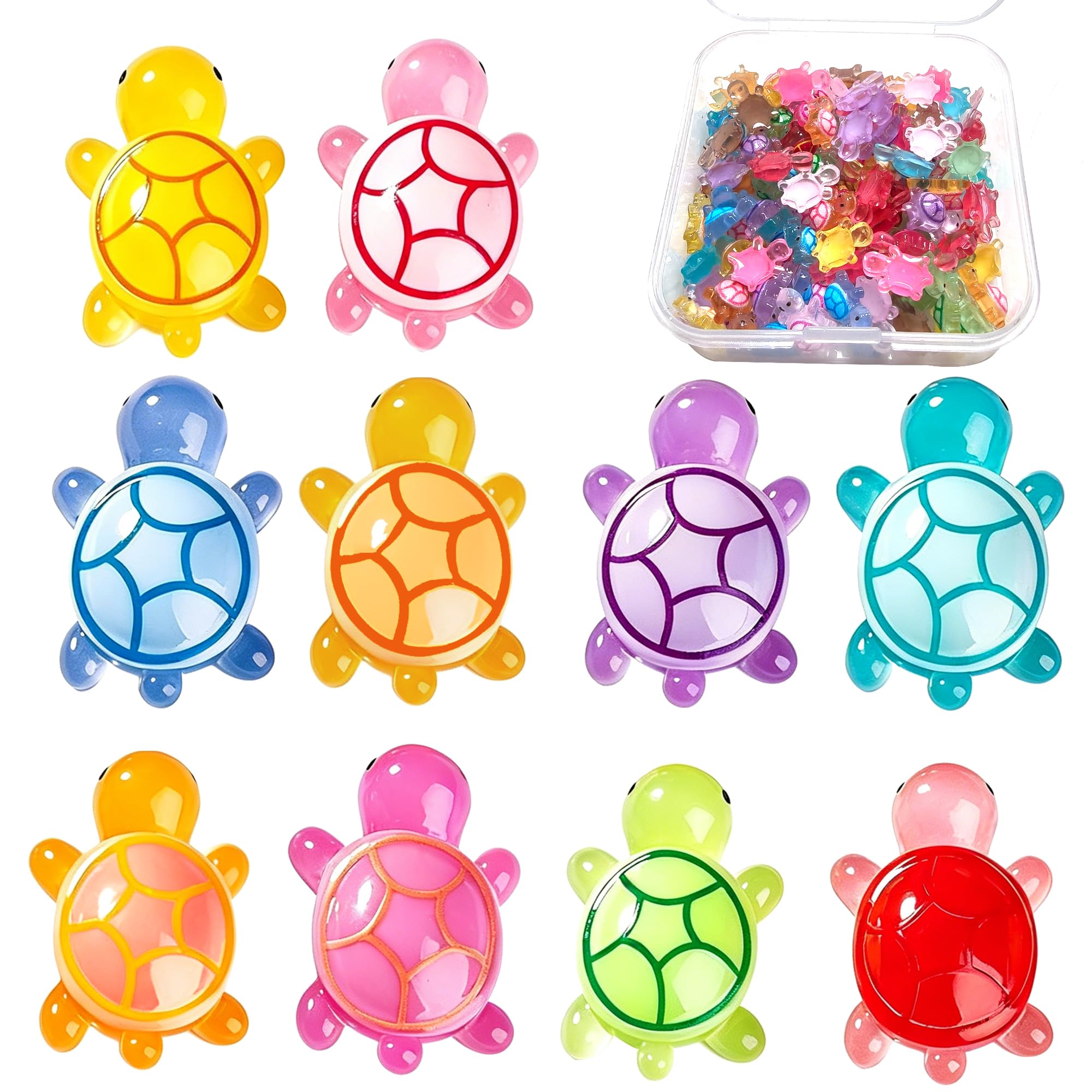 110 Stück Leuchtende Mini Schildkröten Figuren Set, Miniatur Zubehör für Bastel Deko, Schildkröten Deko für Miniteich und Miniaturlandschaft, Kleine Figuren mit Aufbewahrungsbox